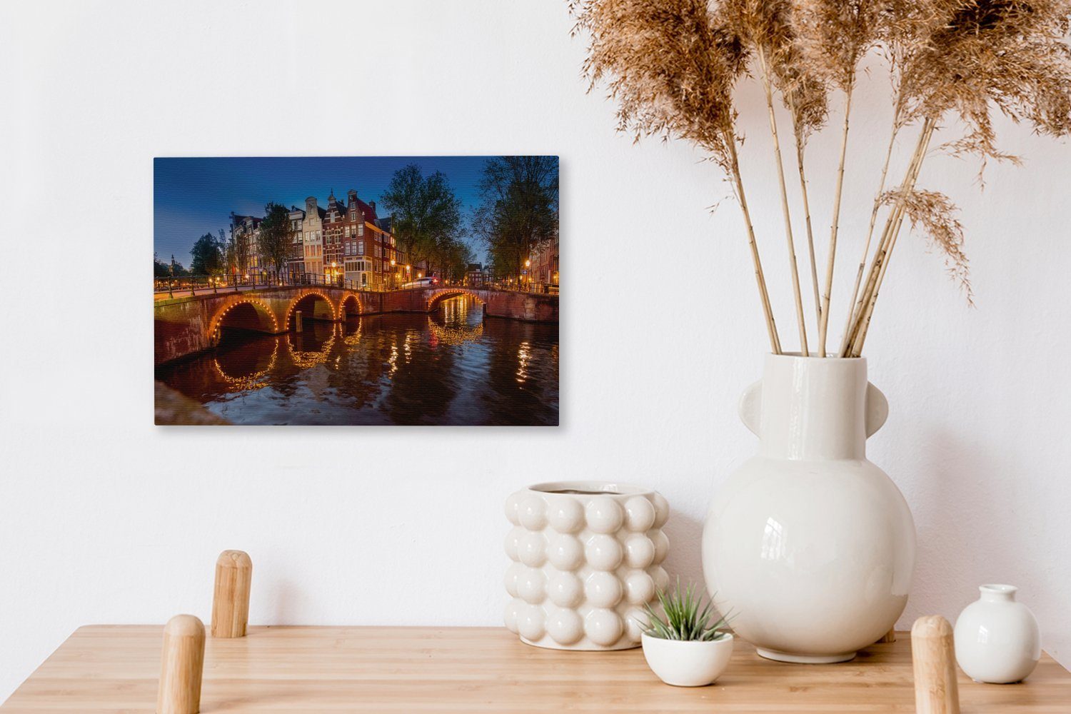 (1 cm Wandbild Wanddeko, 30x20 Keizersgracht St), Leinwandbild Amsterdams Brücke, Aufhängefertig, OneMillionCanvasses® mit einer Leinwandbilder, beleuchteten