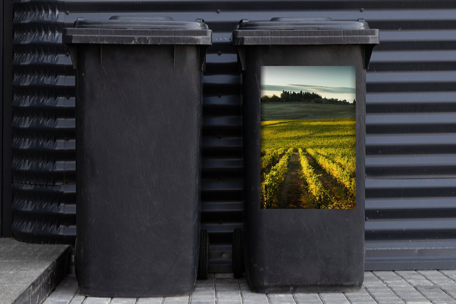 Toskana Container, Mülltonne, Mülleimer-aufkleber, Wandsticker Sticker, (1 St), MuchoWow - Abfalbehälter Wein Landschaft -