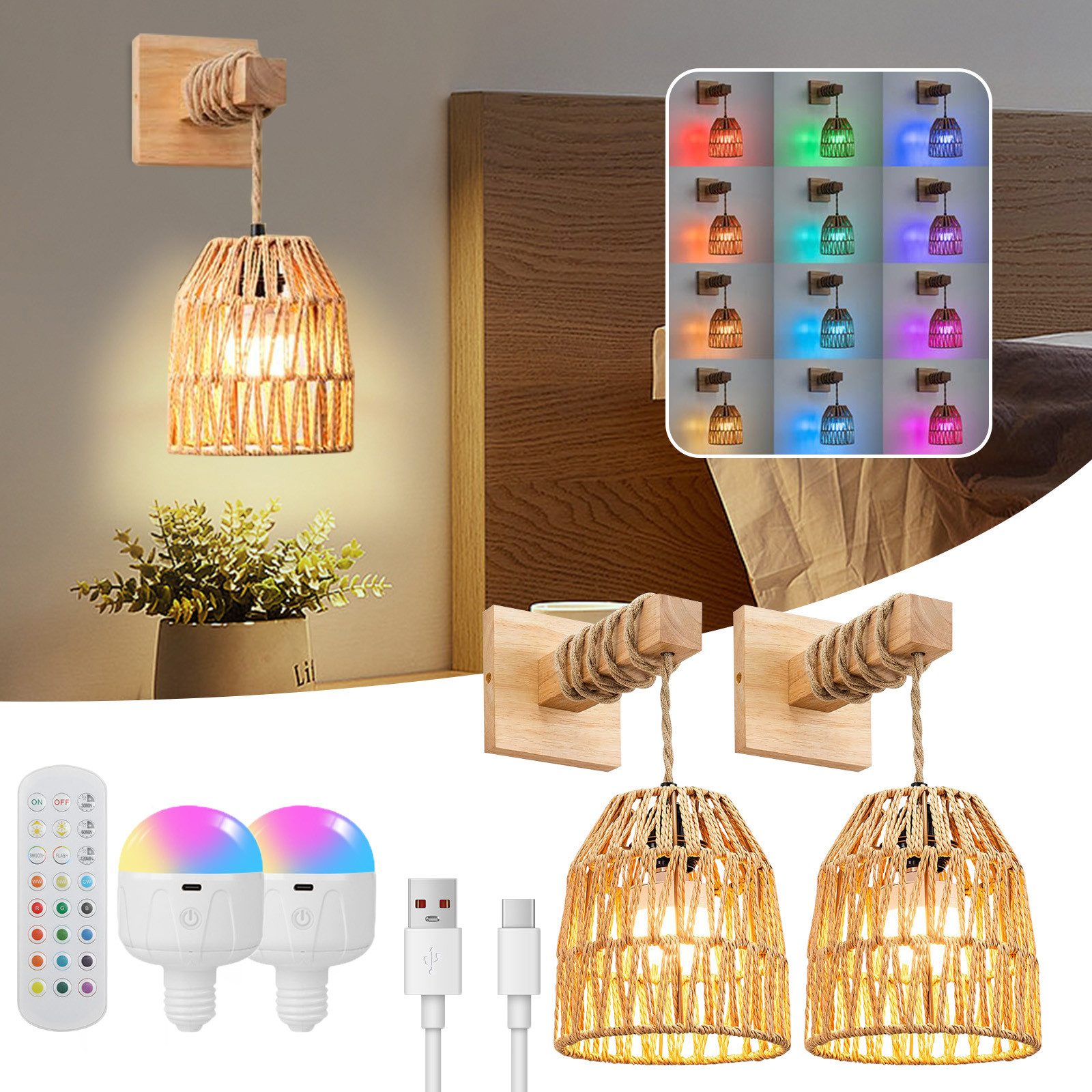 MUPOO Wandleuchte Rattan-Wandleuchte Boho LED Wandleuchte innen,RGB,Batteri günstig online kaufen