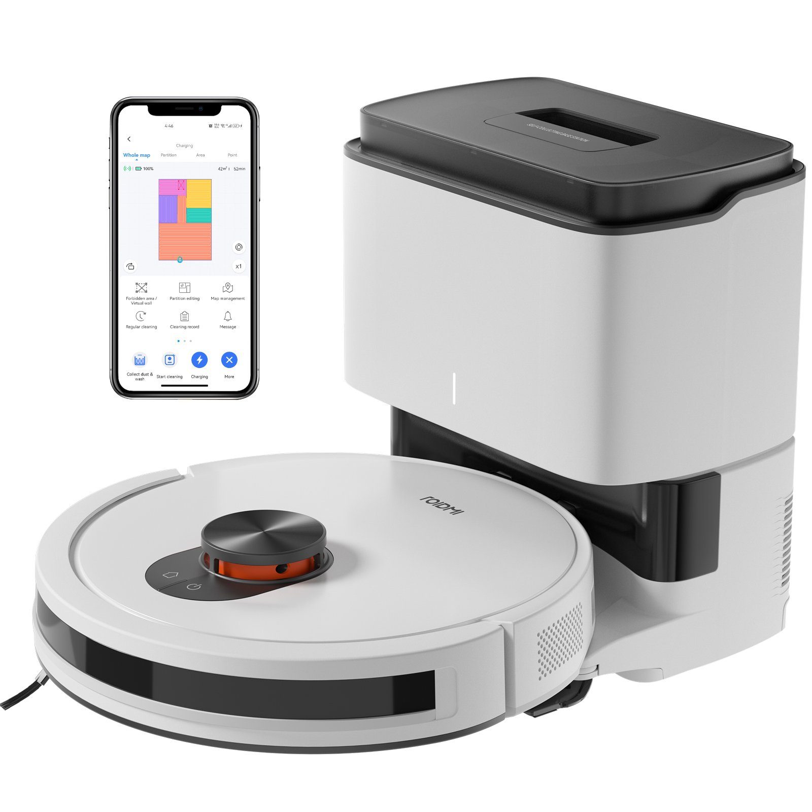 Roidmi Saugroboter EVE CC, 40,00 W, Mit Beutel, 4000Pa Staubsauger Roboter Mit Wischfunktion, Selbstaufladender, Mit No-Go-Zonen, Appsteuerung,180 Min,Hinderniserkennung,Fur Alle Fussbodenarten
