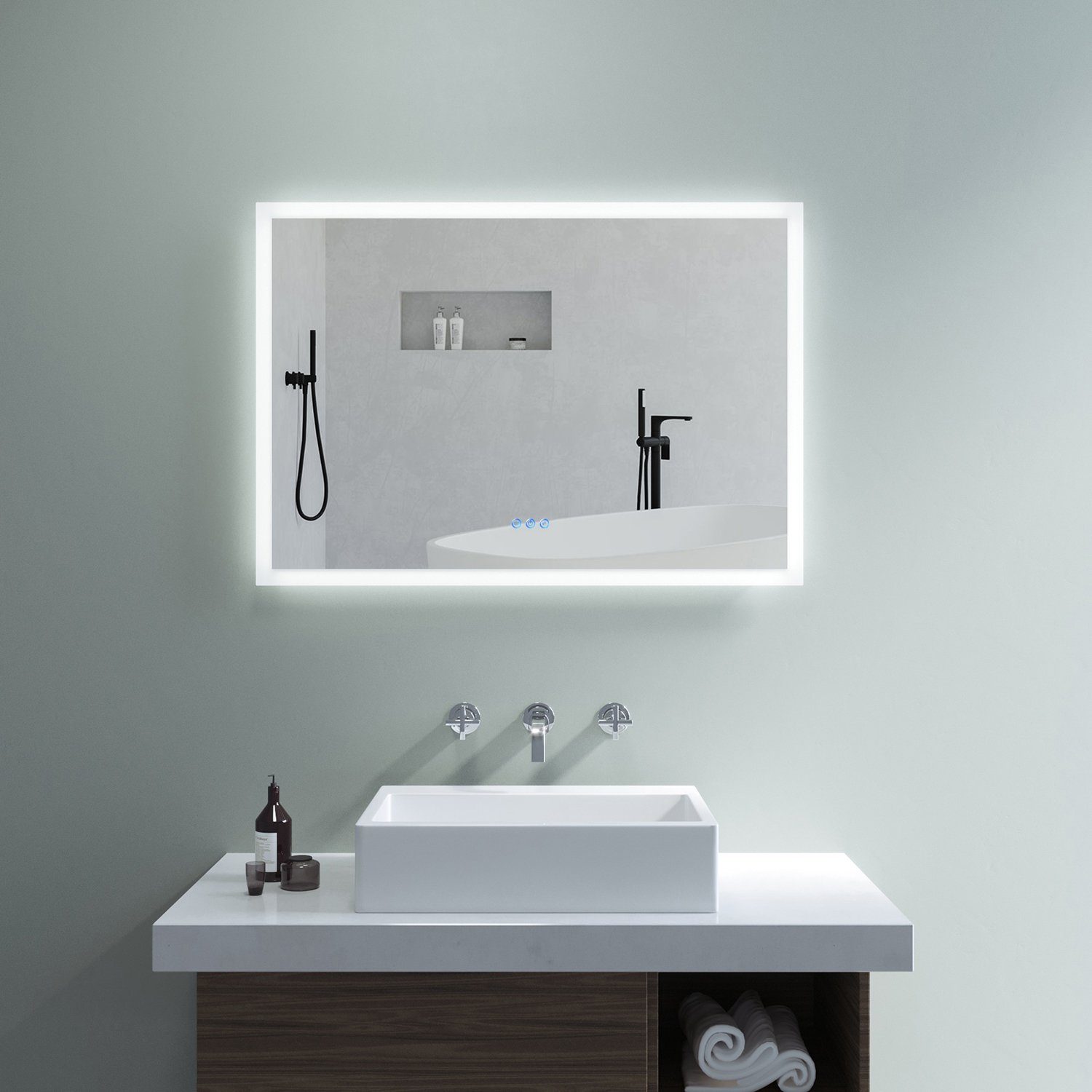 AQUALAVOS Badspiegel Badezimmerspiegel mit LED Beleuchtung Touch Beschlagfrei Wandspiegel, 100x70 cm, mit 6400K Kaltweiß & Warmweiß 3000K Beleuchtung