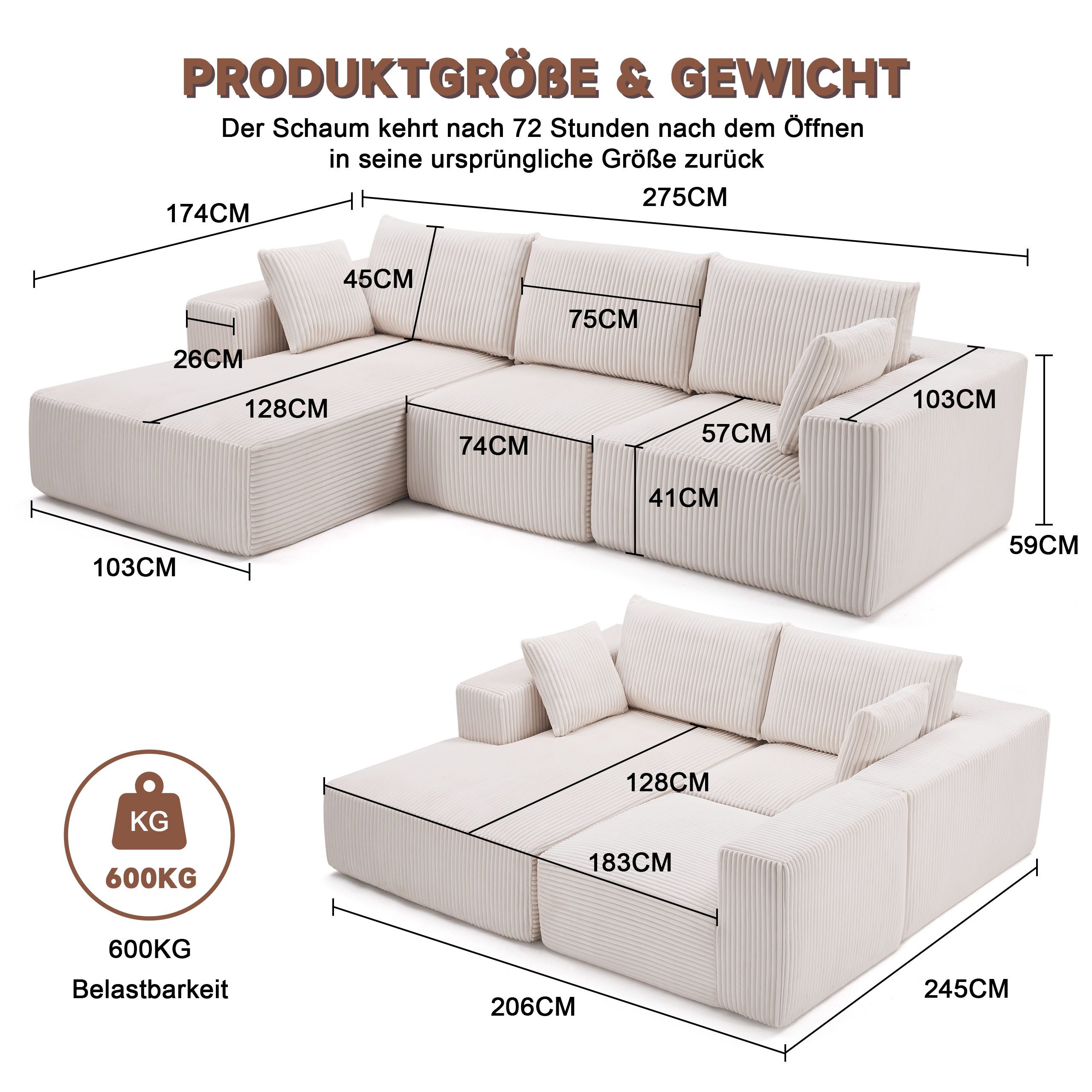 Howjoe Sofa Modulares L-Form Ecksofa mit Schlaffunktion, Cordgewebe Cloud S günstig online kaufen