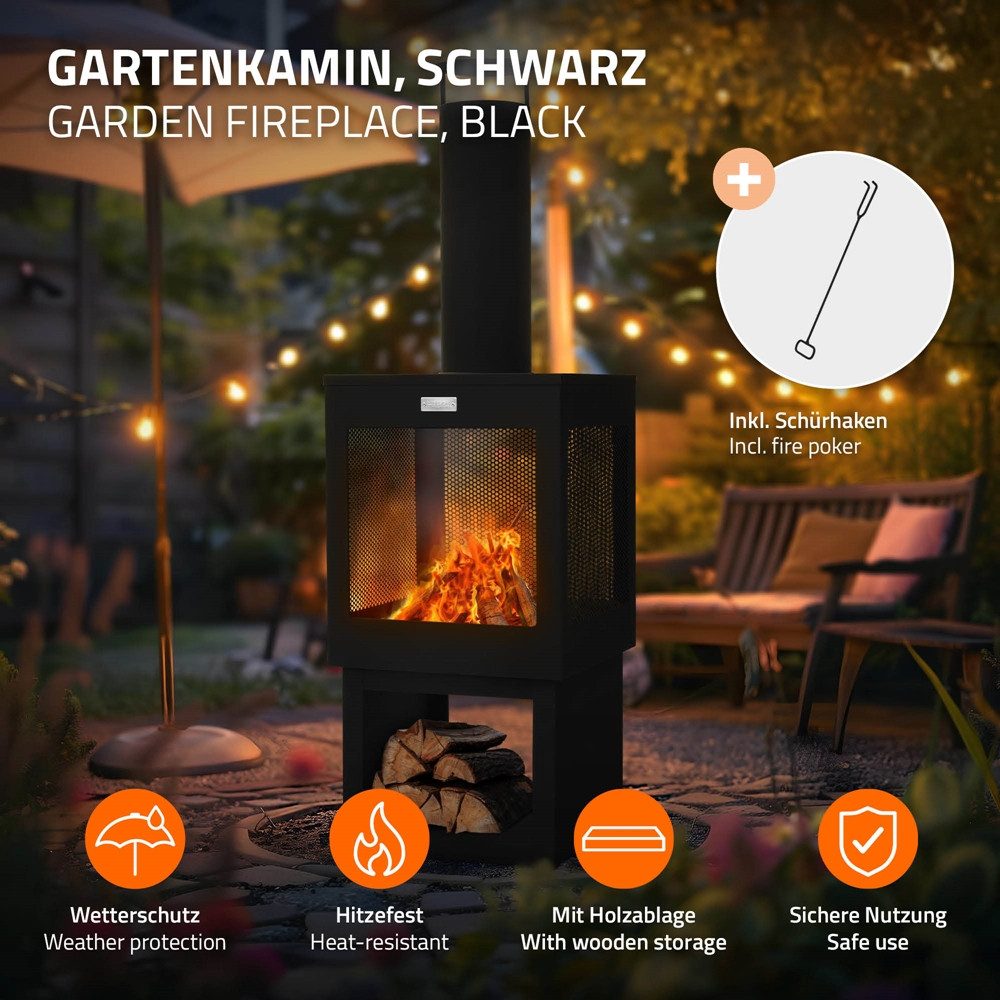 ML-DESIGN Feuerstelle Gartenkamin mit Schornstein Stahl Outdoor Terrassenofen mit Schürhaken, 128x40cm Schwarz abnehmbarem Dach Holzablage Terrassenkamin Feuerk – Bild 2 von 5