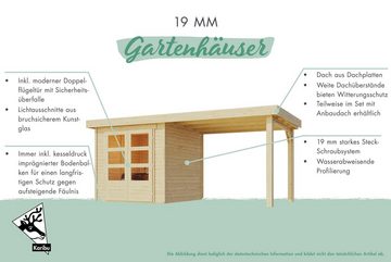 KONIFERA Gartenhaus "Asendorf 3" SET naturbelassen mit Anbaudach 1,5 m Breite, BxT: 418x238 cm, aus hochwertiger nordischer Fichte