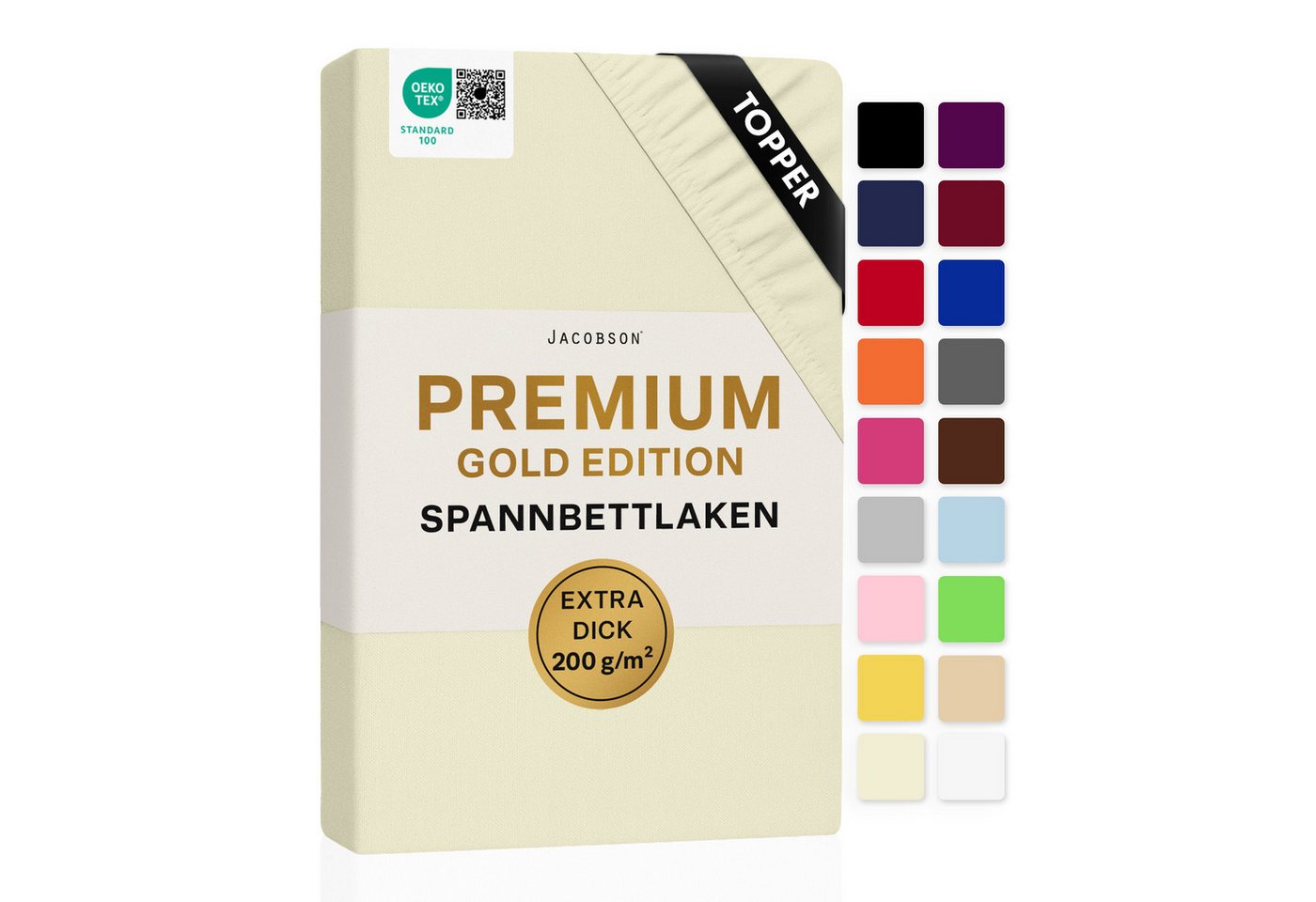Jacobson Spannbettlaken TOPPER PREMIUM 200 g/m² Jersey aus 97% Baumwolle & 3% Elasthan, Extra dichtes Bettlaken für maximalen Halt