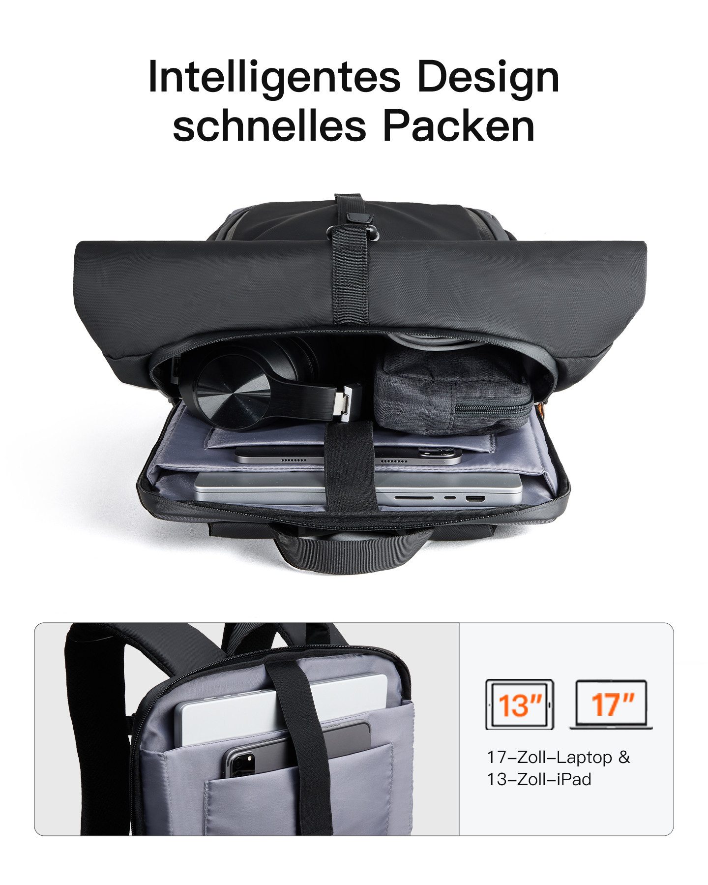 Inateck Laptoprucksack RollTop Herren Damen 25-30L, Spritzwassergeschützt Schulrucksack, mit 17 Zoll Laptopfach – Bild 3 von 5