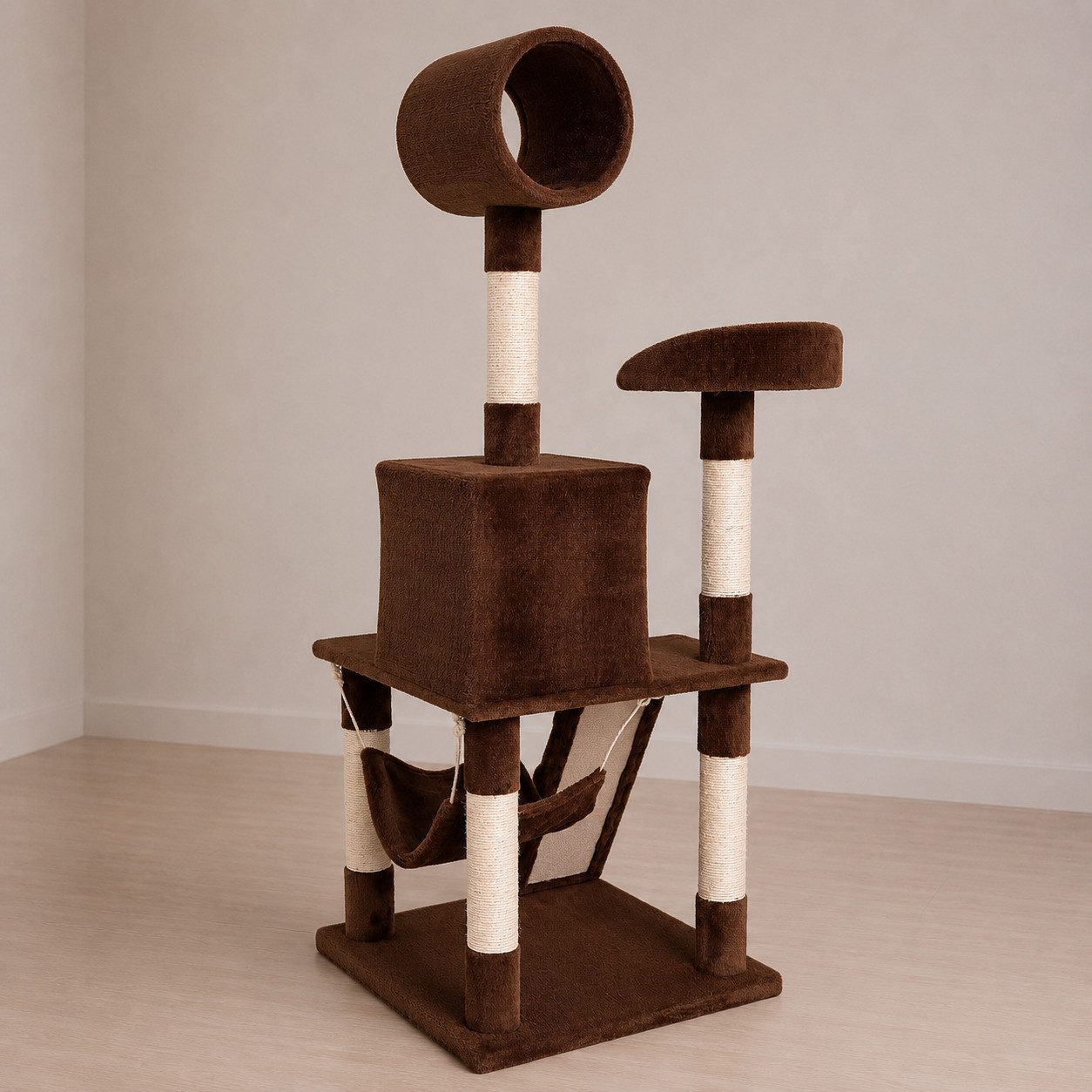 belviona Kratzbaum mit Höhle, Hängematte, Treppe & Liegeplattform, 133 cm, braun, mit Sisalsäulen & Liege-Röhre zum Beobachten
