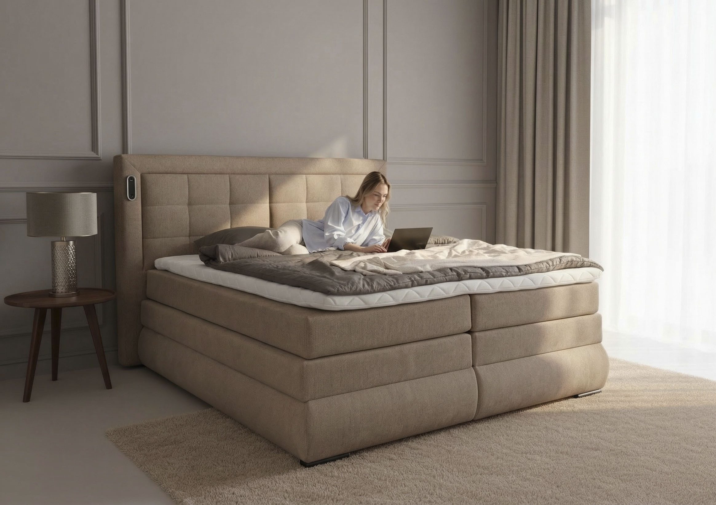 OTTO home Boxspringbett MIVVA mit Bettkasten, mit Taschenfederkernmatratze H3, H3/H4 mix, H4 (mit hochwertigem Strukturstoff, wahlweise mit LED-Leuchten), mit K – Bild 5 von 5