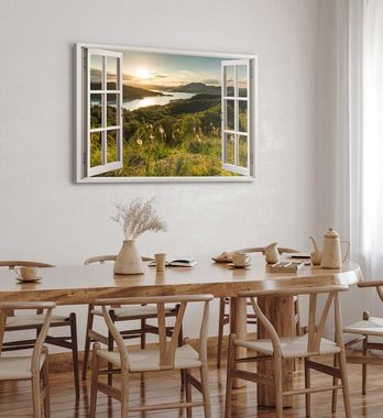 Sinus Art Leinwandbild Wandbild 120x80cm Fensterbild Natur Landschaft Fluss Berge Sonnenunter, (1 St)