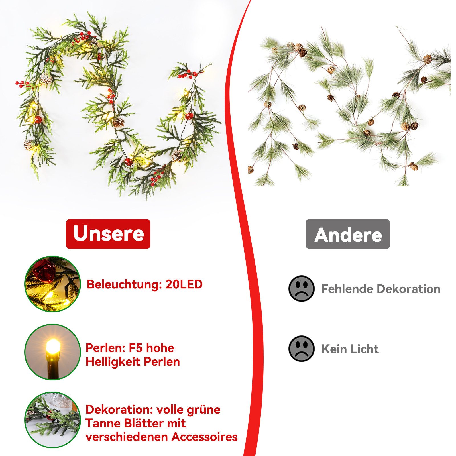 Kunstgirlande mit licht 1.75/2.7M Weihnachtsgirlande mit Beleuchtung, weihnachtsdeko, Elegear, deko für außen & innen, 8 Modi, wasserdichtes Batteriefach, Timer
