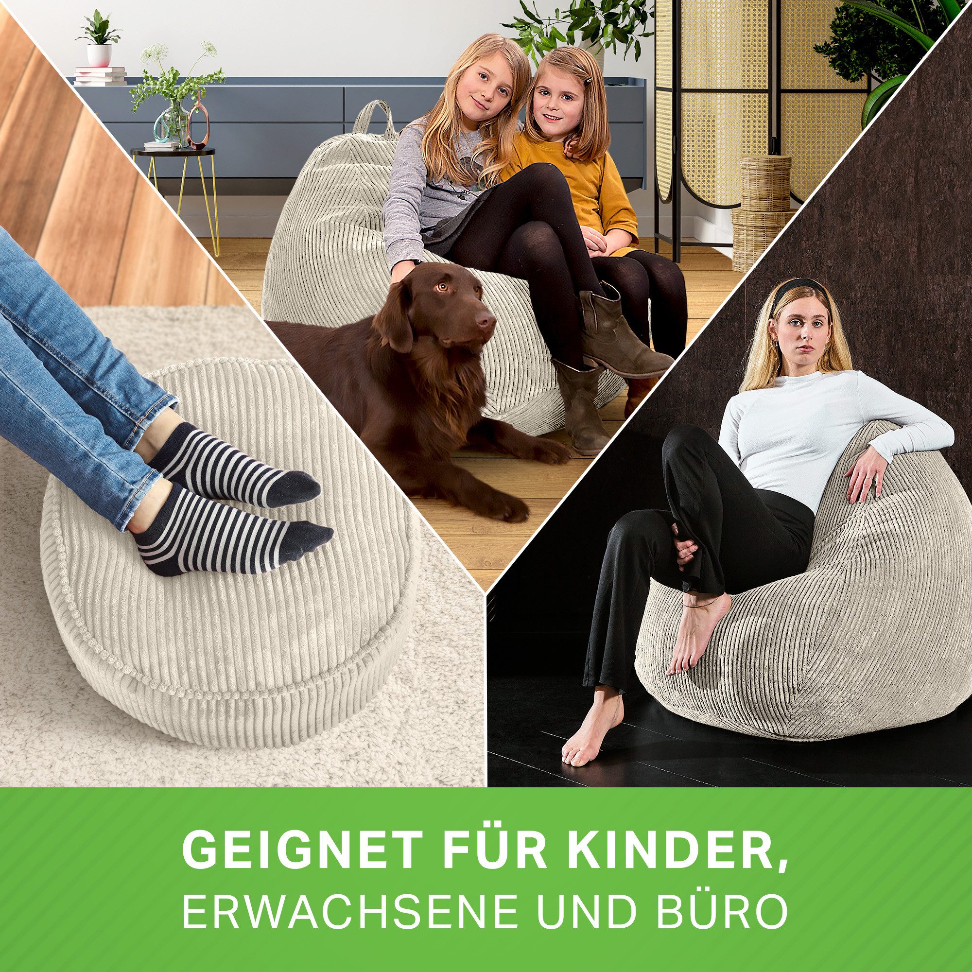 Green Bean Sitzsack XXL Sitzsack Scoop + Hocker aus Cord, Indoor Sitzkissen mit Sitzhocker, Relax Sessel