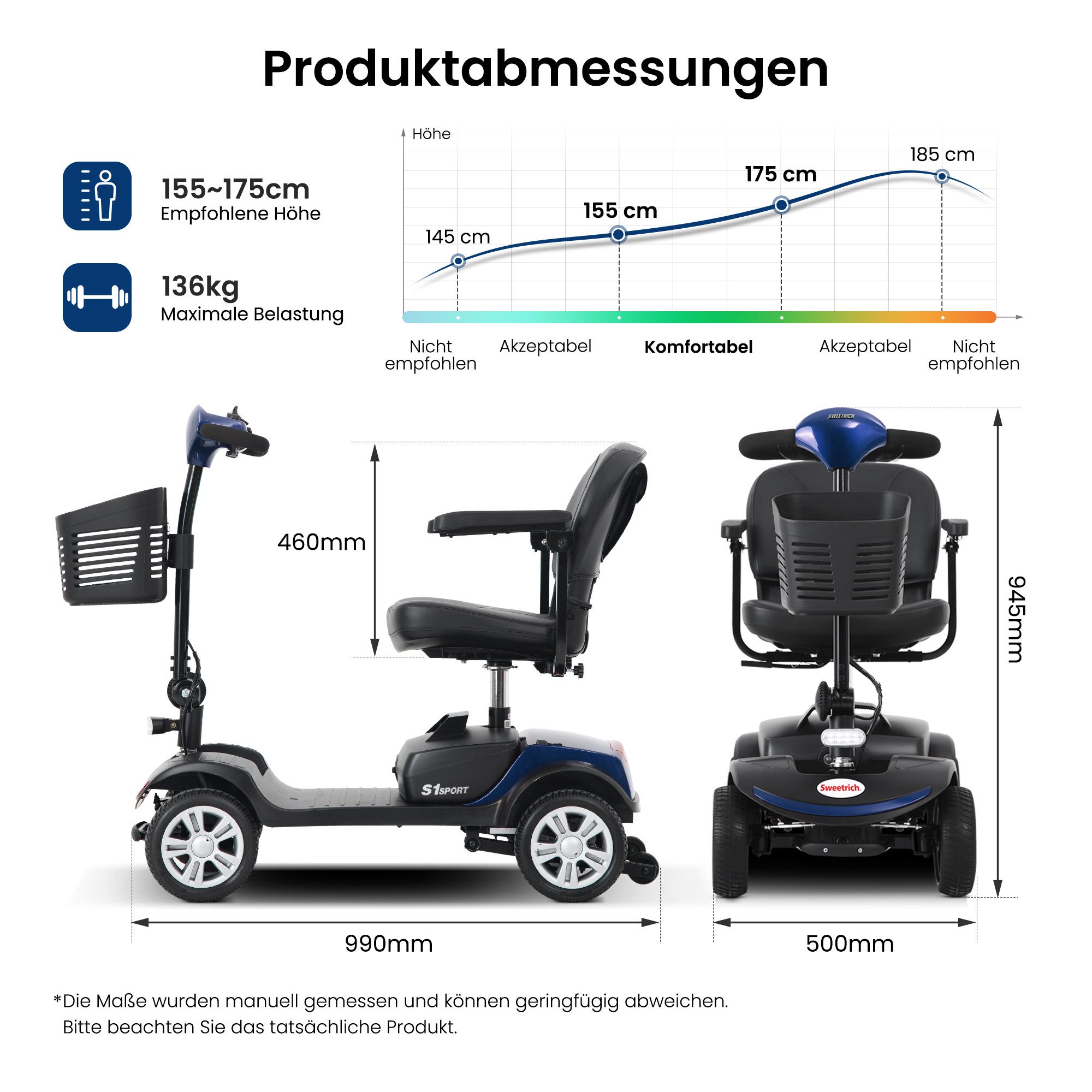 LVHOM Elektromobil faltbar Seniorenmobil, Hinter-Stoßdämpfer, 15-25 km,12Ah 4-Rad-Scooter, 300 W, 6 km/h, (136 kg Tr.Kr. mit 360° drehbarer verdickter Luxussitz + Korb + LCD-Display + verstellbare Armlehnen + E-Bremse, sensibles Anhalten, 14.5cm hohes Fahrgestell), Gesamtgewicht: 46kg