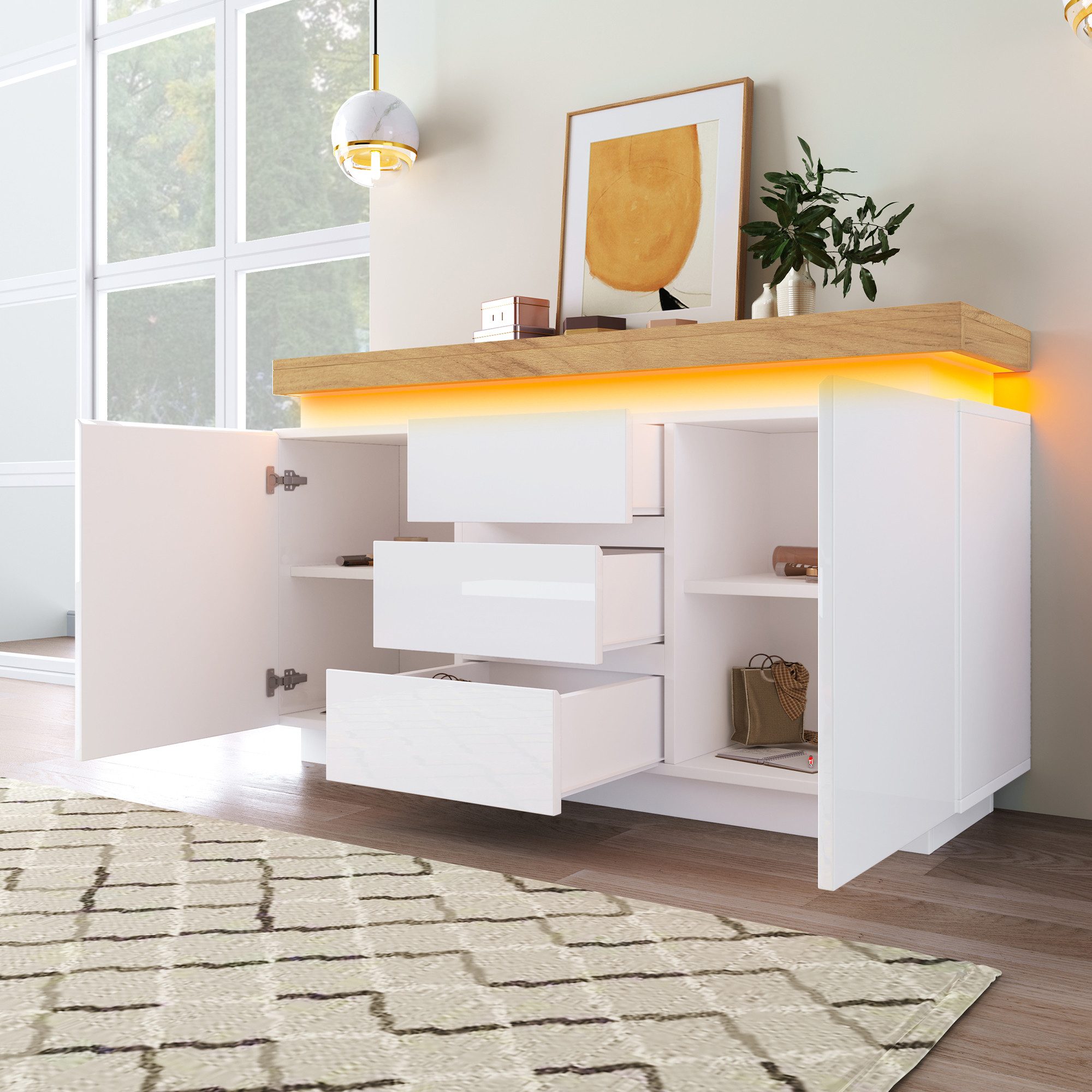 Flieks Kommode Hochglanz Weiß Sideboard mit LED und verstellbare Ablagen (1 St., für Wohnzimmer, Schlafzimmer und Esszimmer), Mehrzweckschrank mit 2 Türen und 3 Schubladen, Breite 140 cm
