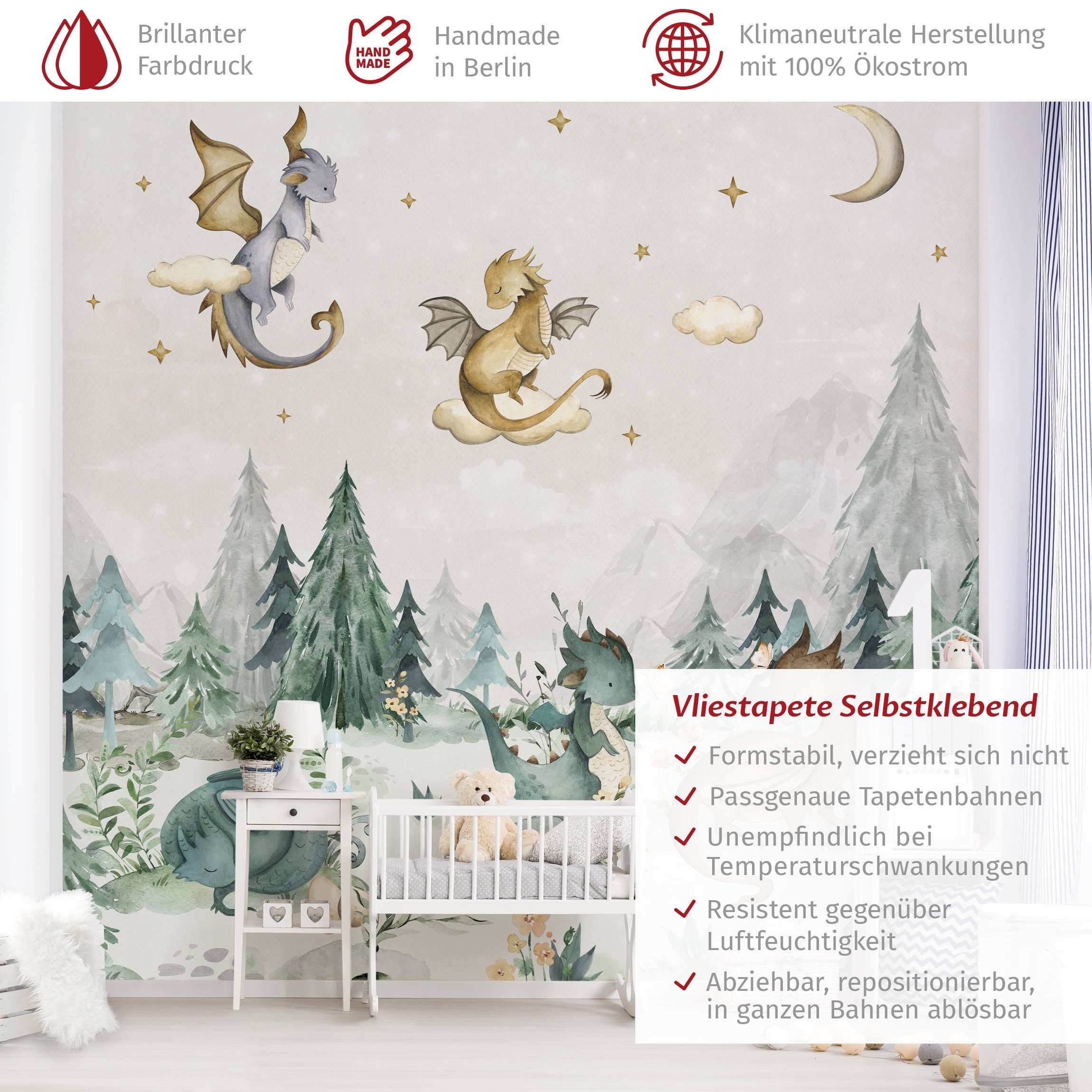Bilderdepot24 Kindertapete Drachen Aquarell Wald Illustration günstig online kaufen
