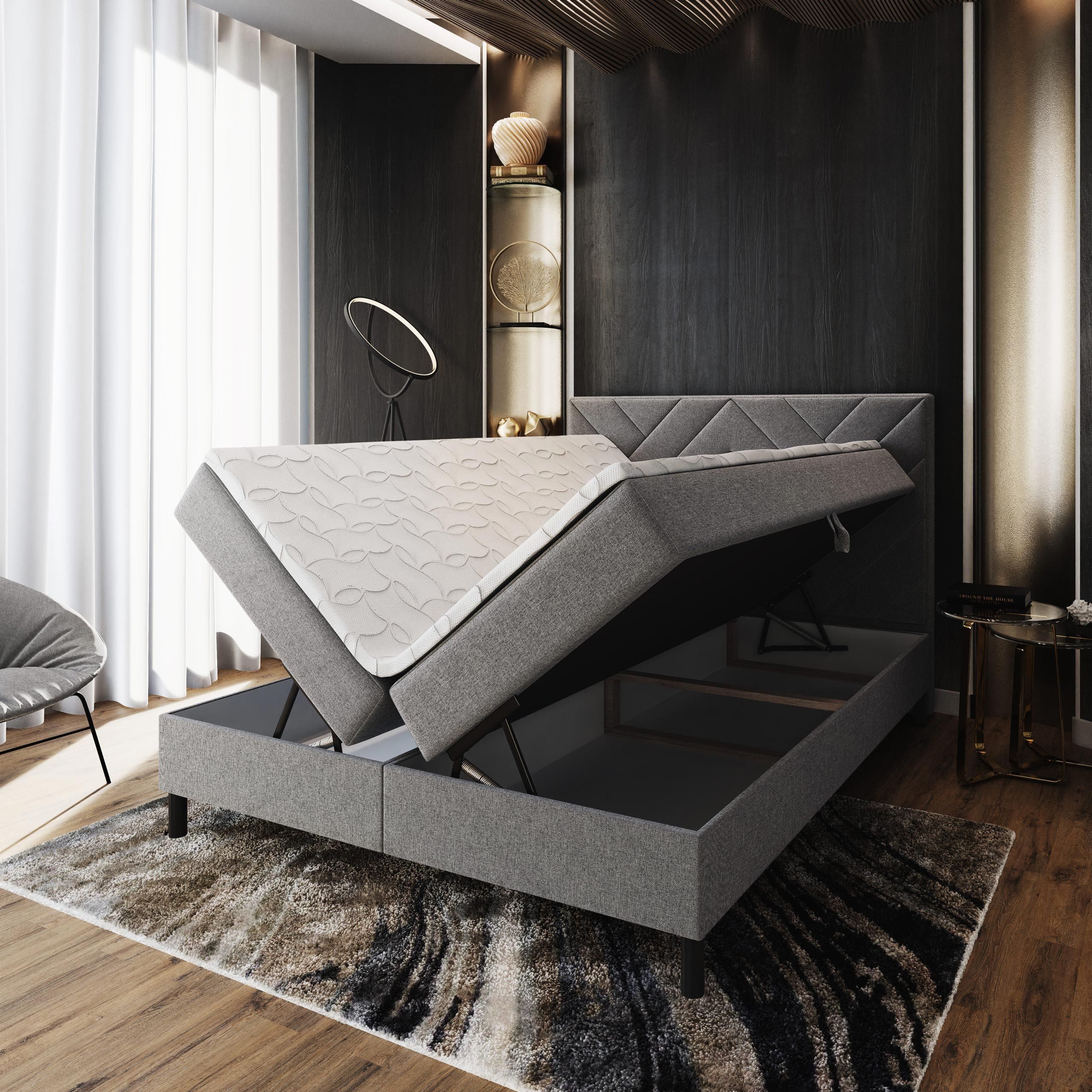 Masseno Boxbett ROKIS 160x200 cm mit Bonell Matratze und Topper, Doppelbett, Polsterbett mit Kopfteil, Boxspringbett