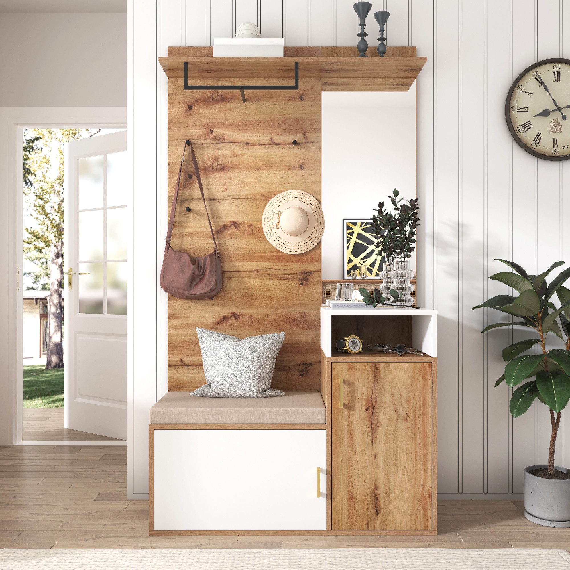 Odikalo Garderoben-Set 4 Kleiderhaken Spiegel Schuhschrank Wandgarderobe Ablagefach Sitzbank