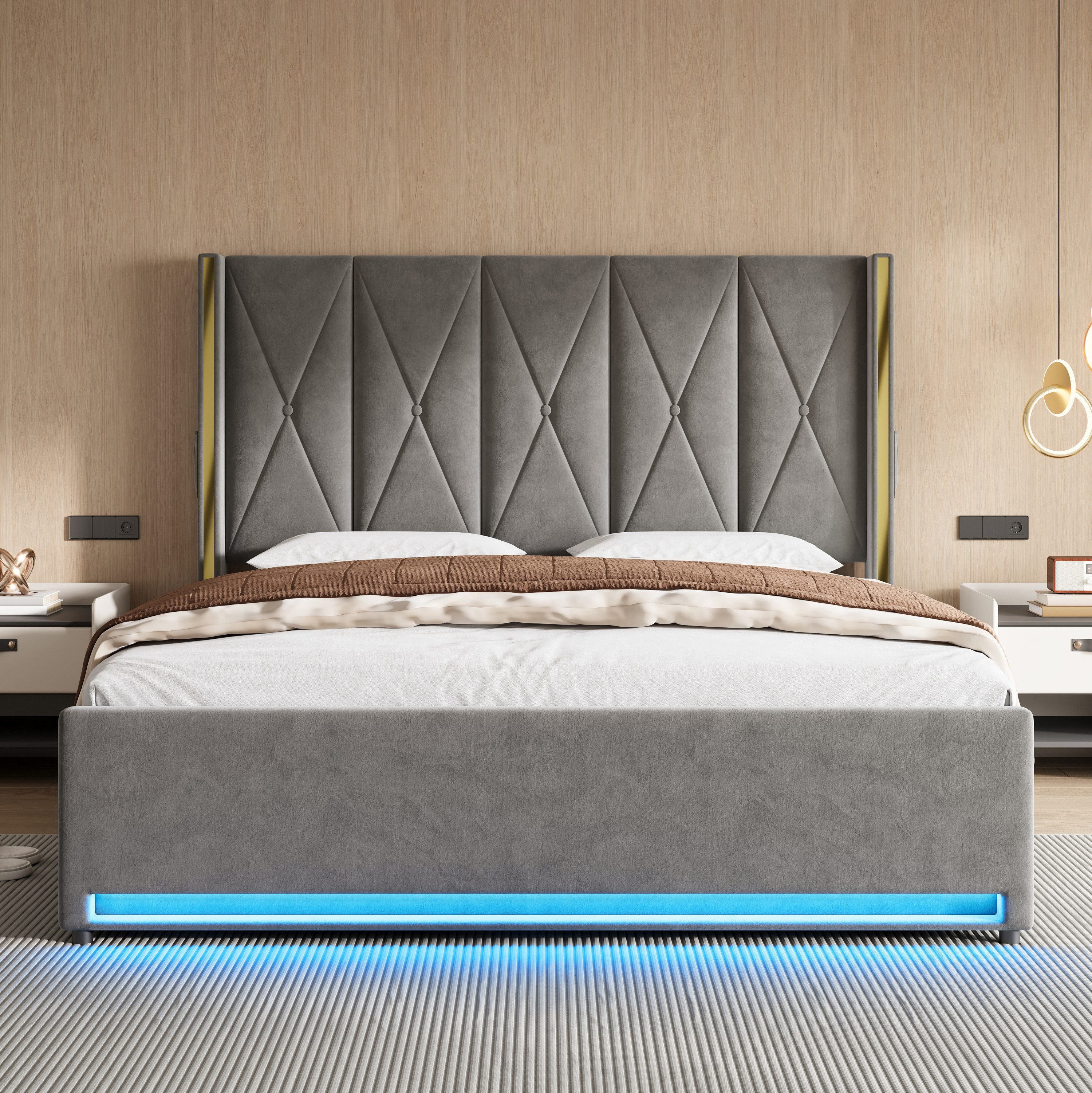 TavilaEcon Boxspringbett Veloursbett mit hohem Kopfteil, Seitentaschen & USB (1-St), mit hydraulischem Hebelsystem & großem Unterbett-Stauraum, grau/beige – Bild 2 von 5