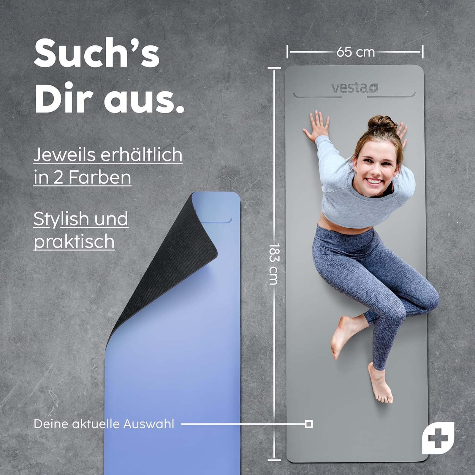 Vesta+ Yogamatte Premium Fitnessmatte Sportmatte Gymnastikmatte, Naturkautschuk Rutschfest 183 x 65 cm Dicke 0,4 cm