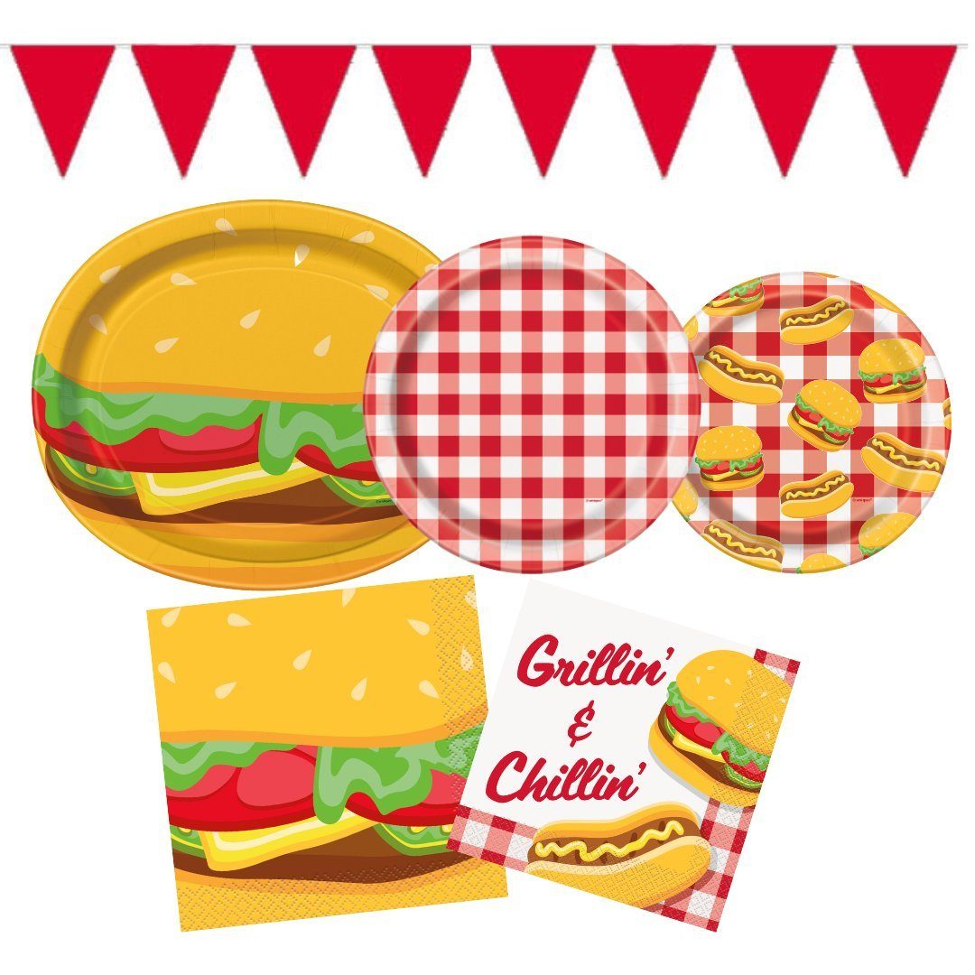 Partystrolche Geschirr-Set XXL Partyset Burger Party 57 tlg. für bis zu 24 Personen Sommerparty