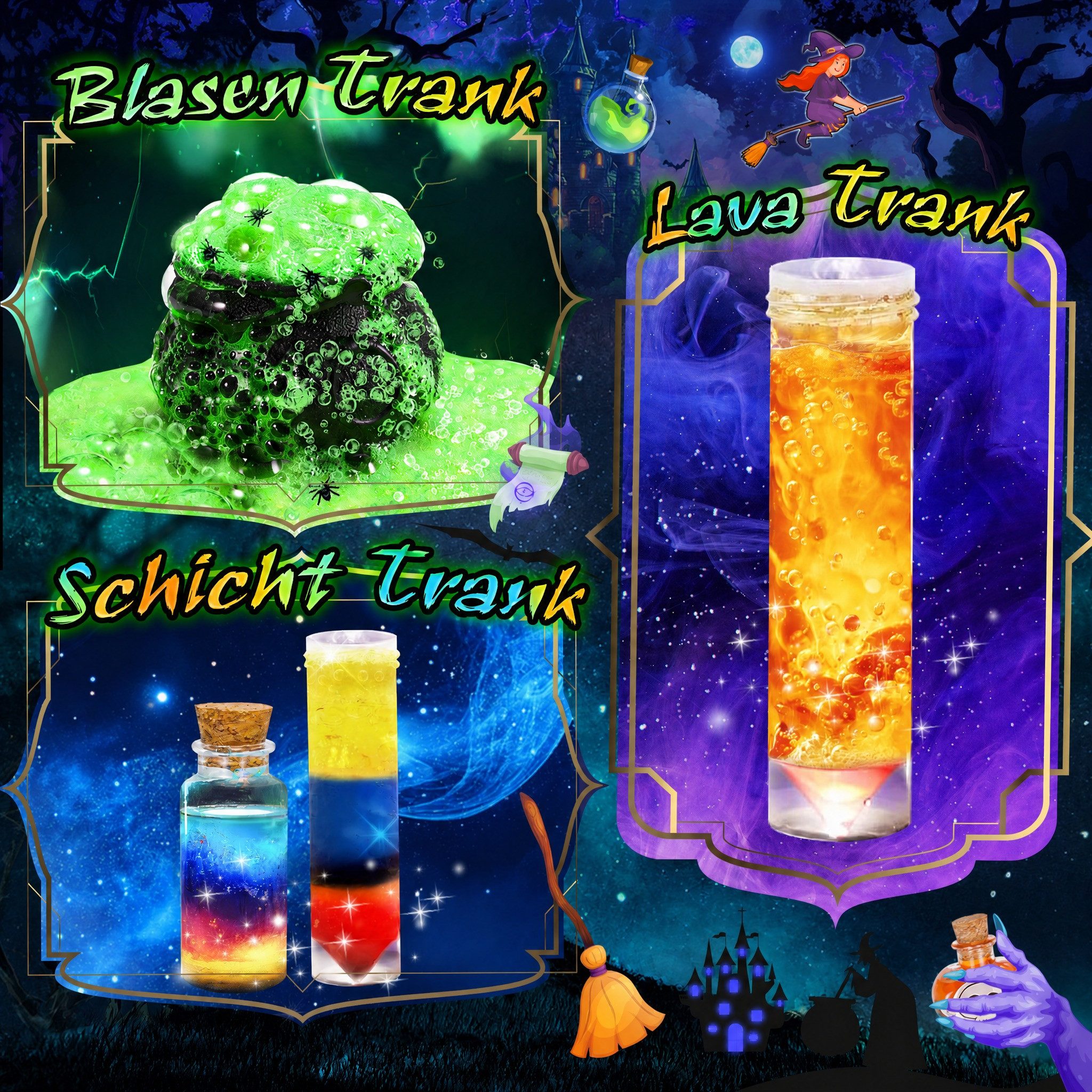Wootoy Kreativset Zaubertrank-Experimentierkasten für Kinder Lernspielzeug Bastelset, (Zubehör mit Zauberflaschen Hexenkessel Zauberstab und Feenstaub, 1-tlg., mit faszinierenden Reaktionen wie Blubbern Schichten Leuchteffekten), für Partys Bastelprojekte und kreative Geschenkideen