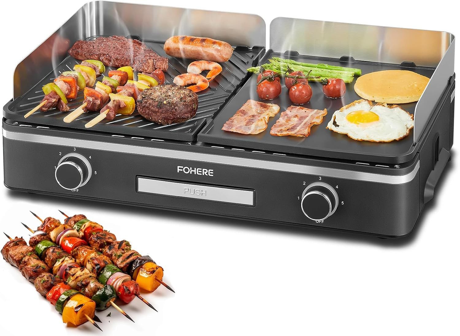 FOHERE Elektrogrill 2400W elektrisch Tischgrill mt Duo-Grill-System, 2400 W, 5-Stufige Temperaturkontrolle, Schwarz