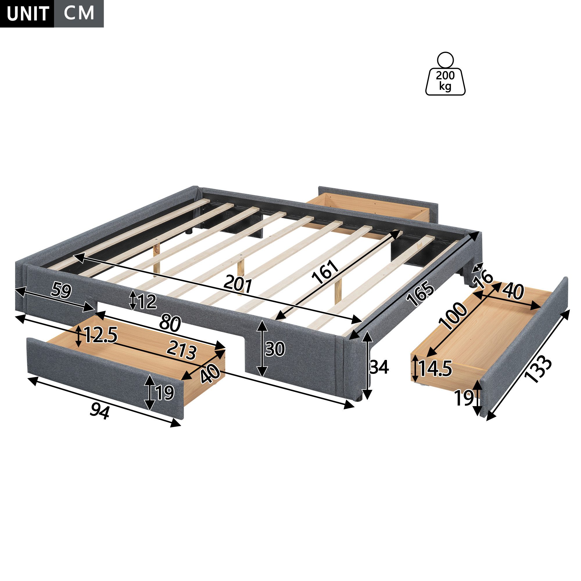 TavilaEcon Palettenbett Flachbett Doppelbett Jugendbett mit 3 Schubladen, o günstig online kaufen