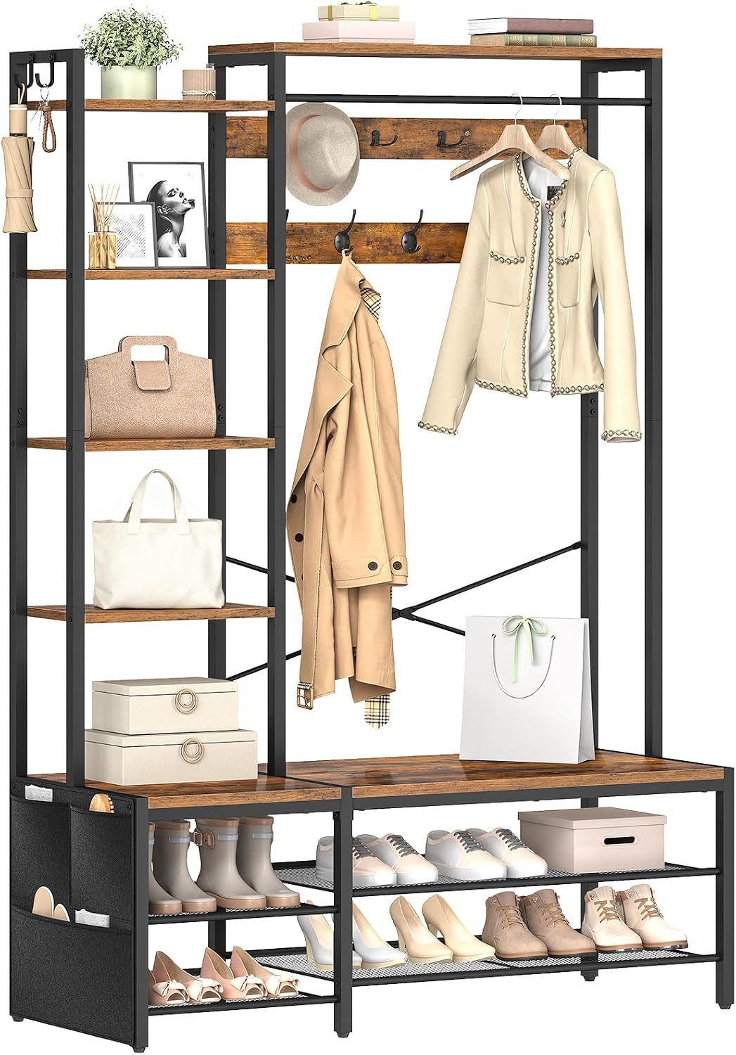 Hoobro Garderobenständer Garderobe mit Schuhregal und Sitzbank 9 Doppelhaken, 2 Seitenhaken, (1 Garderobenständer mit Schuhregal, Sitzbank, Haken, Ablagen und S – Bild 4 von 5