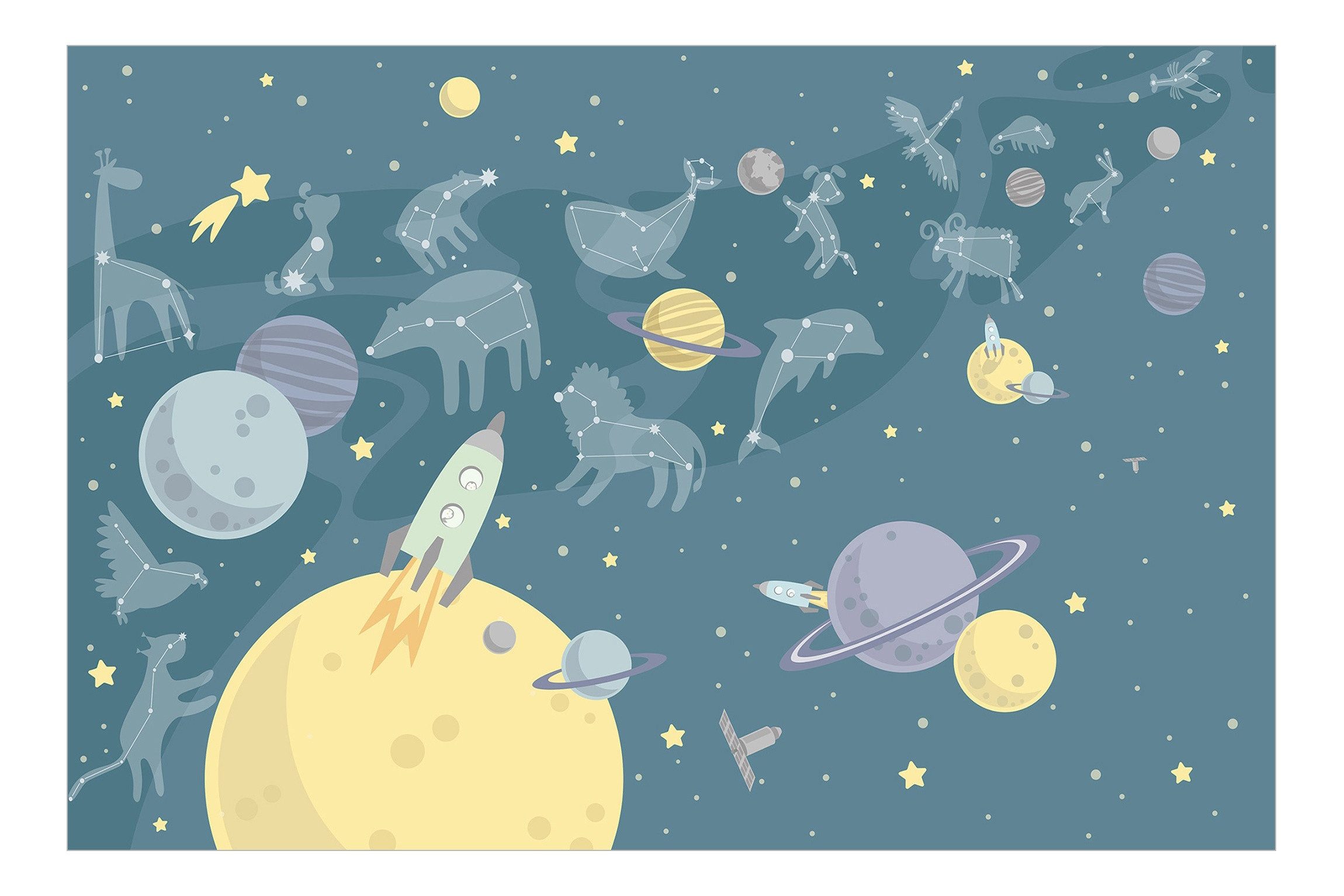 Bilderdepot24 Kindertapete Kinderzimmer Planeten Sternzeichen Raketen Kinder Wanddeko Weltraum, Glatt, Matt, (Vliestapete inkl. Kleister oder selbstklebend), Mädchenzimmer Jungenzimmer Babyzimmer Bildtapete Fototapete Wandtapete