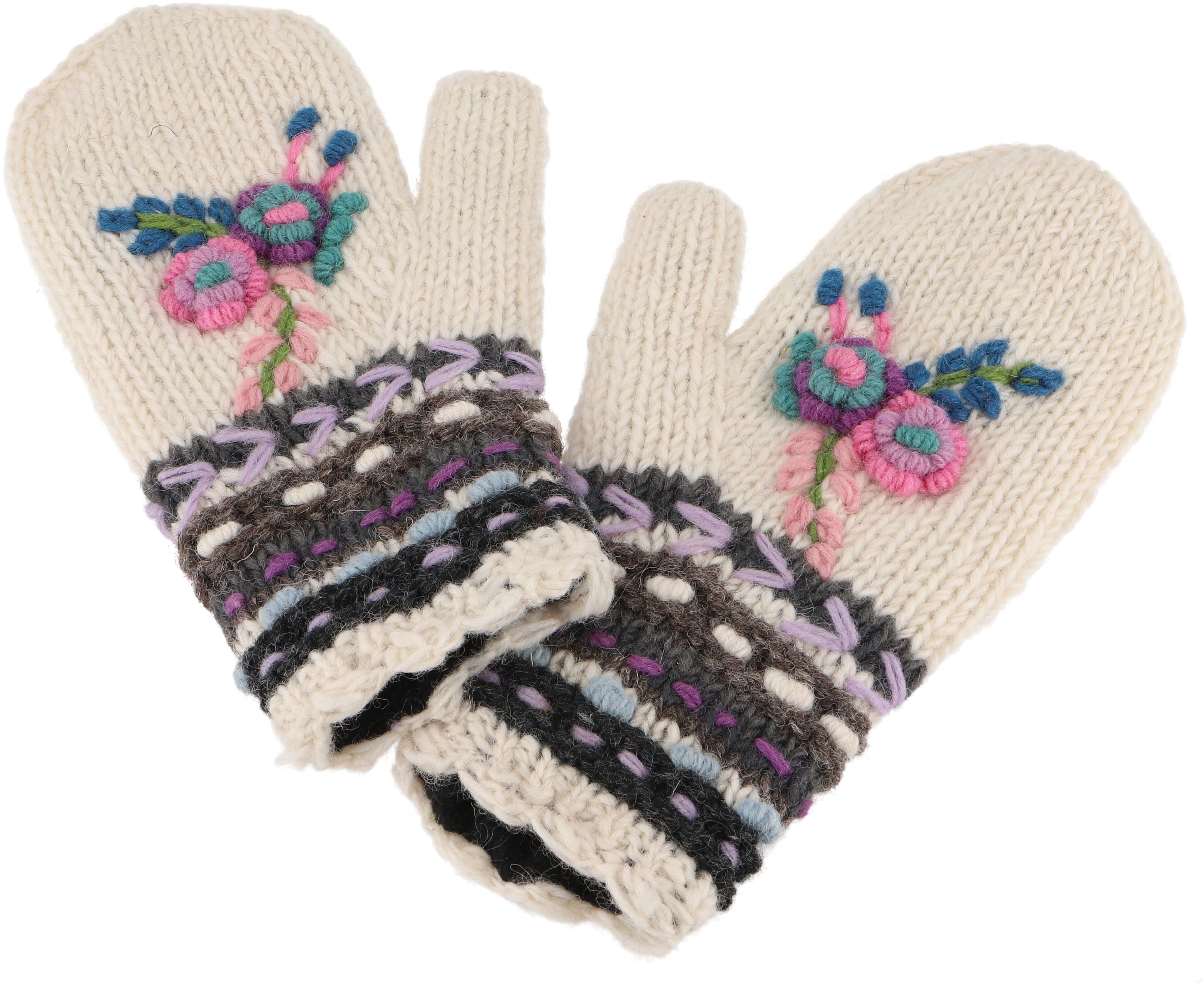 Guru-Shop Strickhandschuhe Wollhandschuhe mit Blümchenstickerei, Boho..