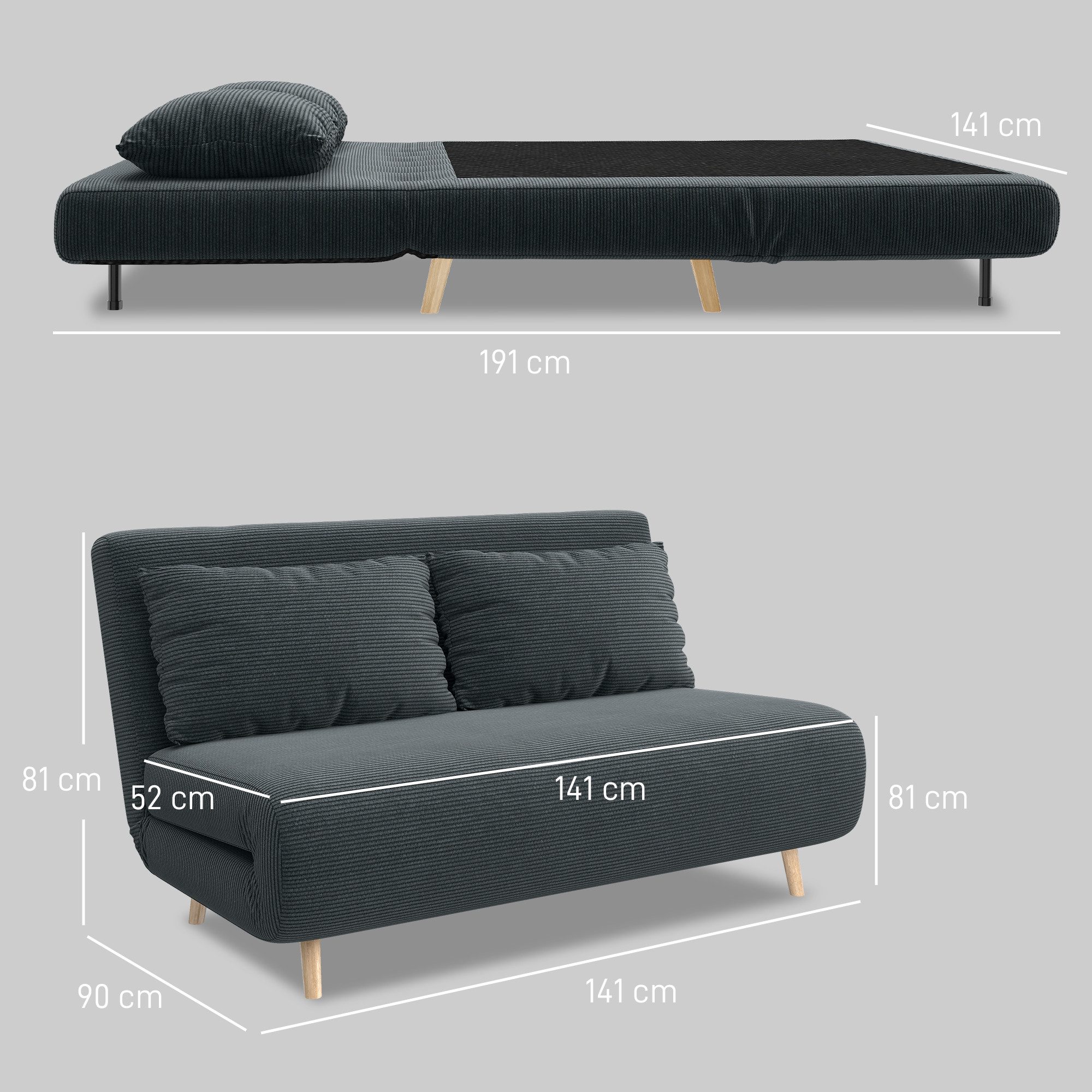 HOMCOM Schlafsofa 2-Sitzer-Sofa mit Bettfunktion, 2 Kissen, Polstersofa 1 Teile, für Wohnzimmer, Schlafzimmer, Dunkelgrau