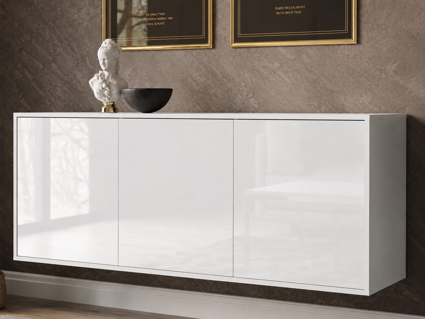 ALLHOUSE24 Kommode MANDY Dreitürige Kommode in Hochglanz Sideboard Kaschmir Weiß (1x Kommode), Breite: 154 cm