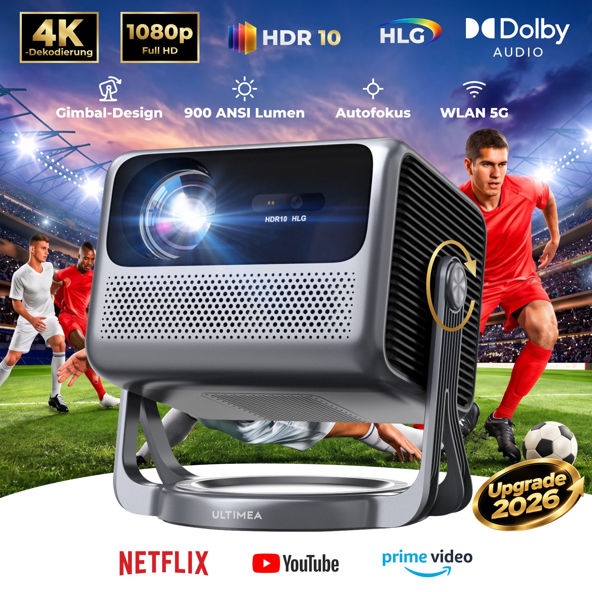 Ultimea Nova C40 Beamer mit 4K Dekodierung und Android TV 11.0 Beamer (1000:1, 1920 x 1080 px, Dolby Audio, 900 ANSI, HDR10&HLG, mit 90° Gimbal Stand-freiem Design)