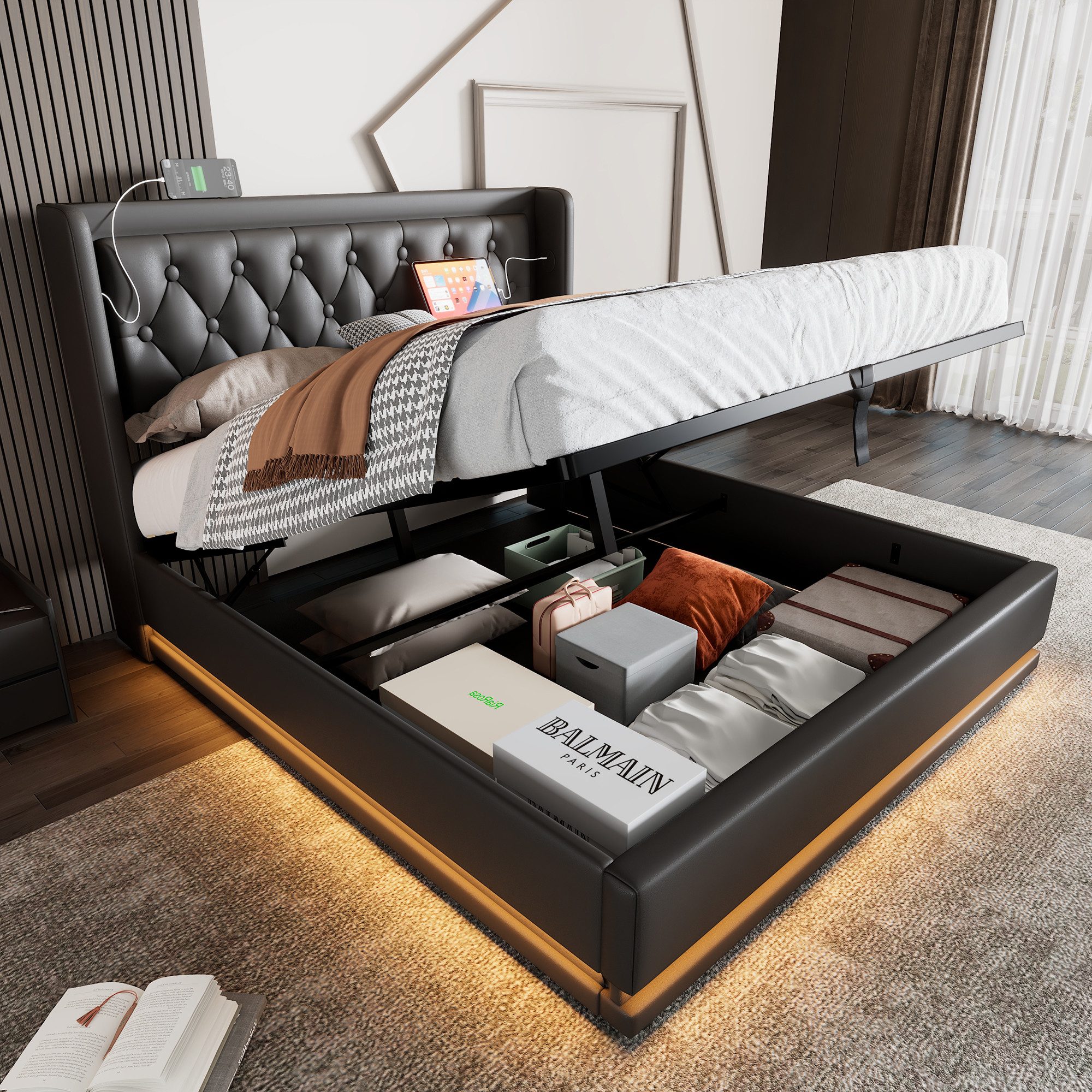 REDOM Polsterbett Jugendbett Bett Stauraumbett gepolsteres Bettgestell USB- günstig online kaufen