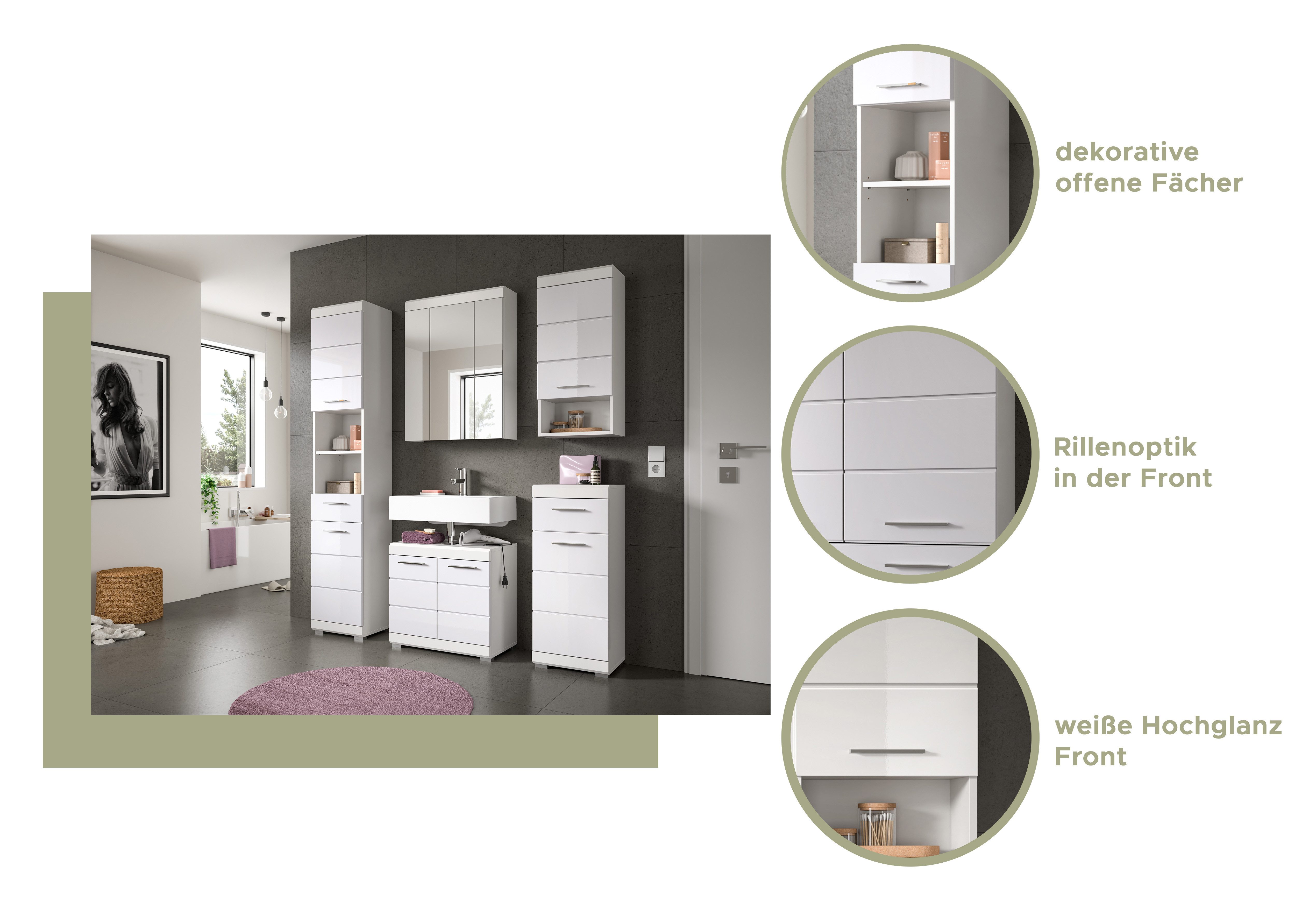 welltime Waschbeckenunterschrank SIENA, Breite 60cm, 2 Tür, 2 Fächer, mit Siphonausschnitt, MDF-Front (1-St., TOPSELLER) in verschiedenen Farben erhältlich, Badmöbel, Badschrank, Kommode, Bad