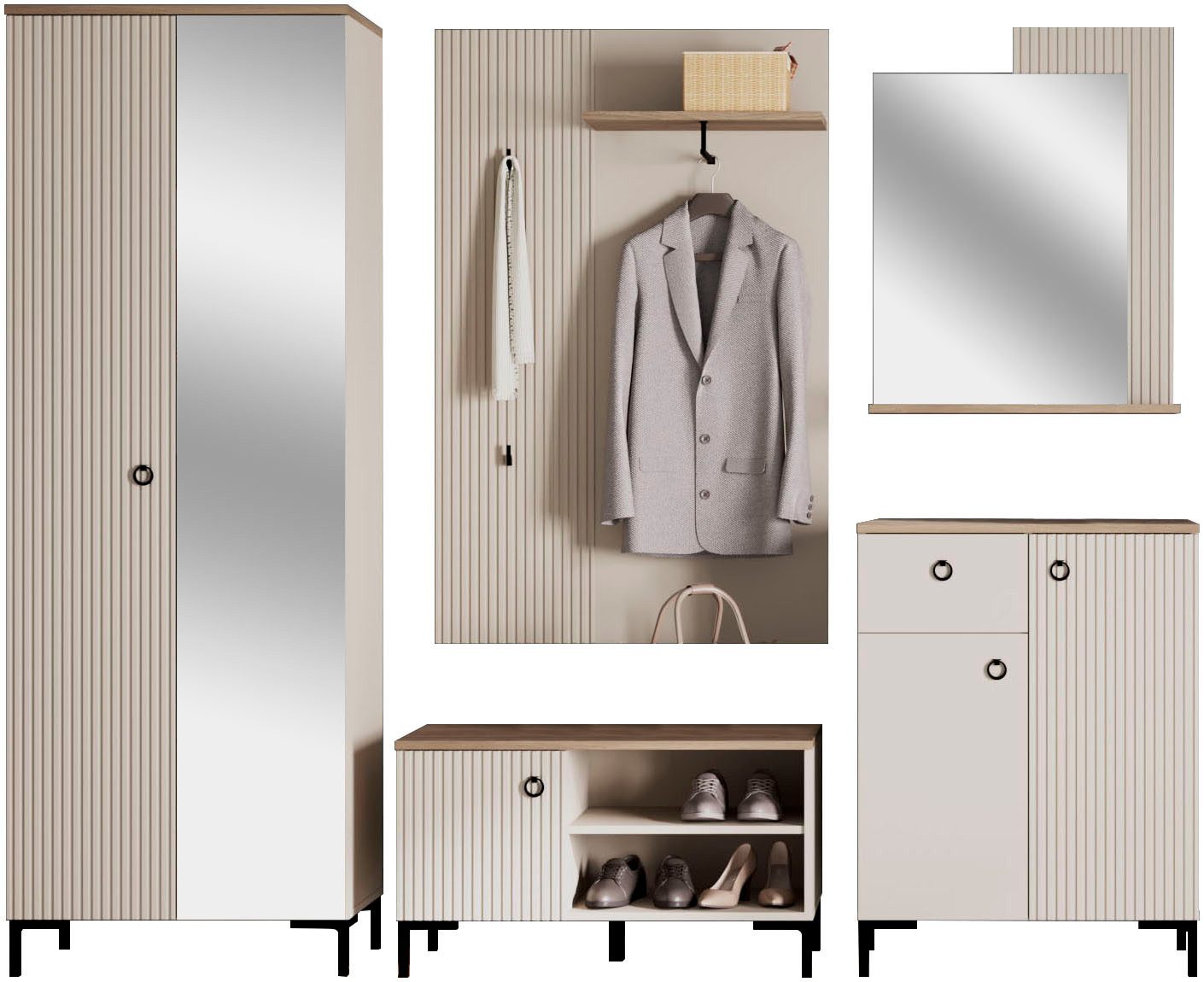 Home affaire Шкафы-Set Luminara, (Komplett-Set, 5-St), Komplettset: Schrank mit Spiegel, Sitzbank, Paneel, Kommode & Spiegel