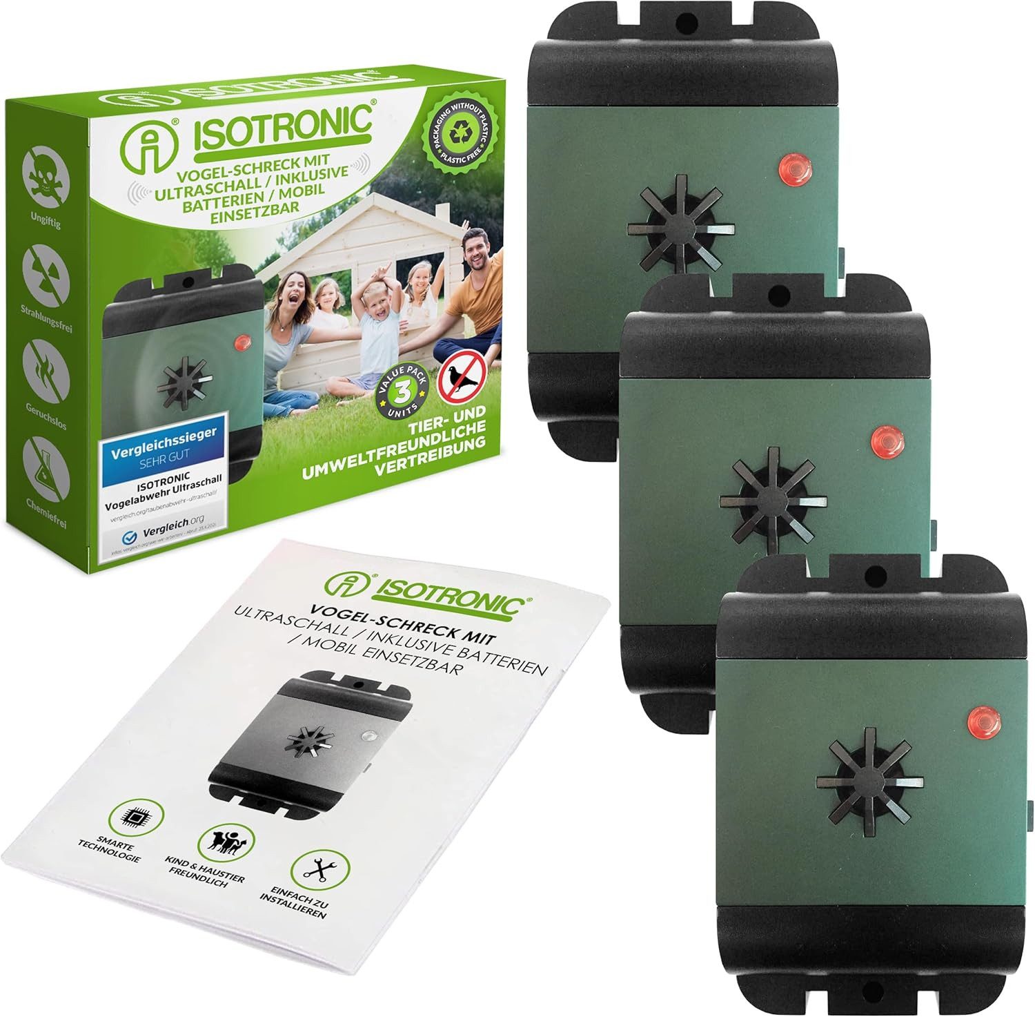 ISOTRONIC Ultraschall-Tierabwehr Isotronic Tauben- und Vogelvertreiber Mobil 3er-Set, Set 1-tlg., 3er-Set