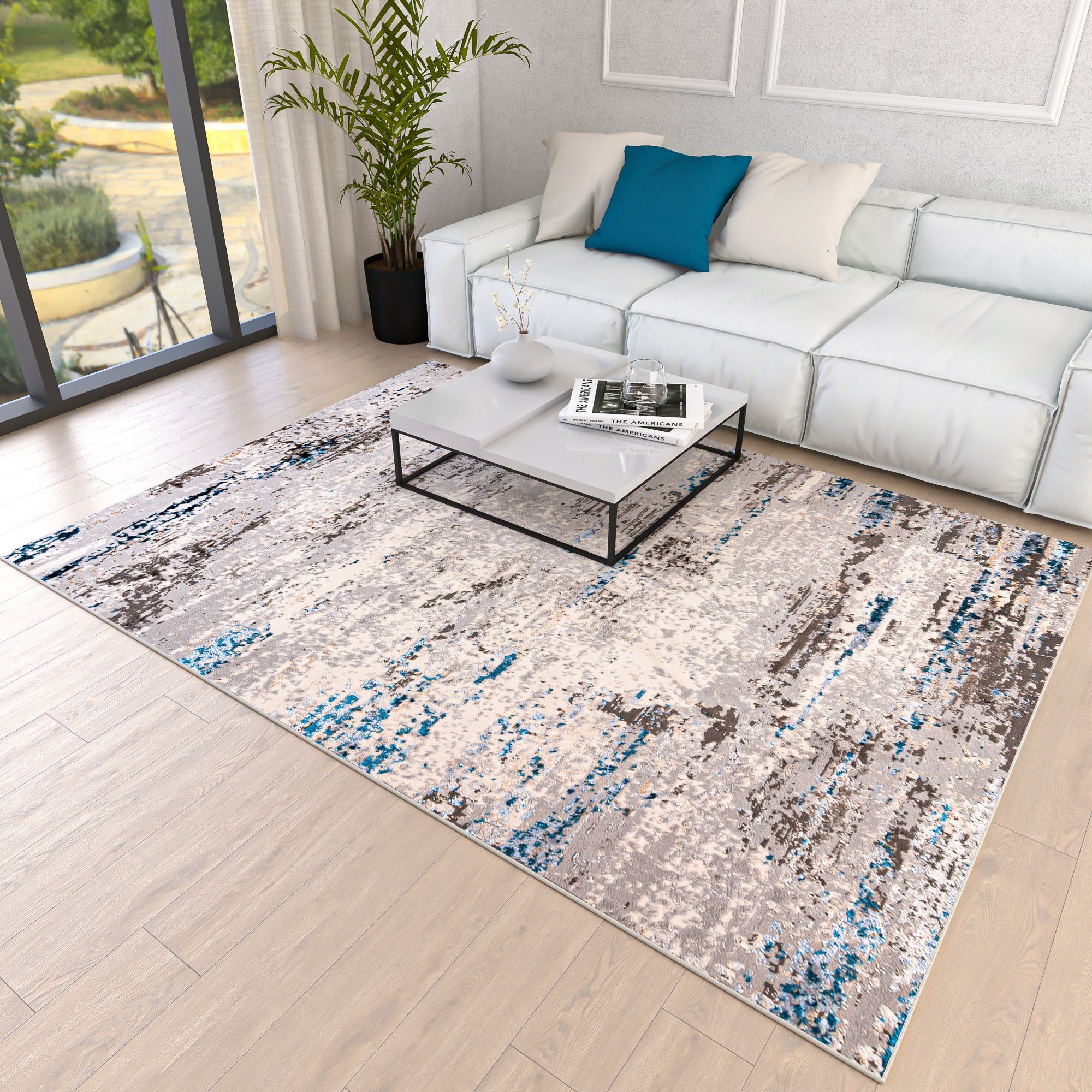 Designteppich Modern Teppich für Wohnzimmer - Abstrakt Muster, Beige Blau  Grau, Mazovia, 80 x 150 cm, Abstrakt, Modern, Höhe 8 mm, Kurzflor -  niedrige Florhöhe