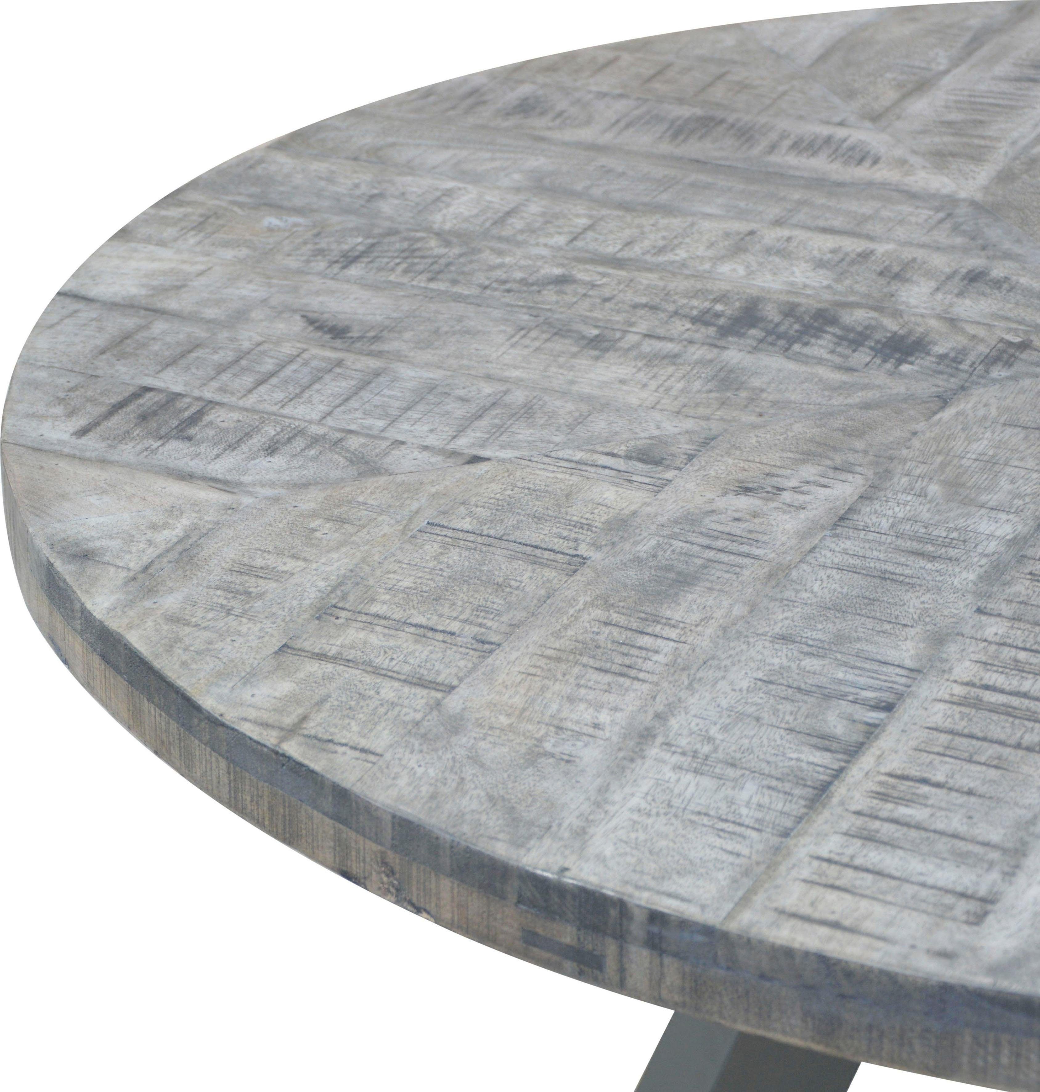 SIT Esstisch Hanoi rund aus Mangoholz 120 cm Massivholz Vintage Industrial, 3-Bein-Gestell in Gun-Metal-Grau mit rustikaler Tischplatte
