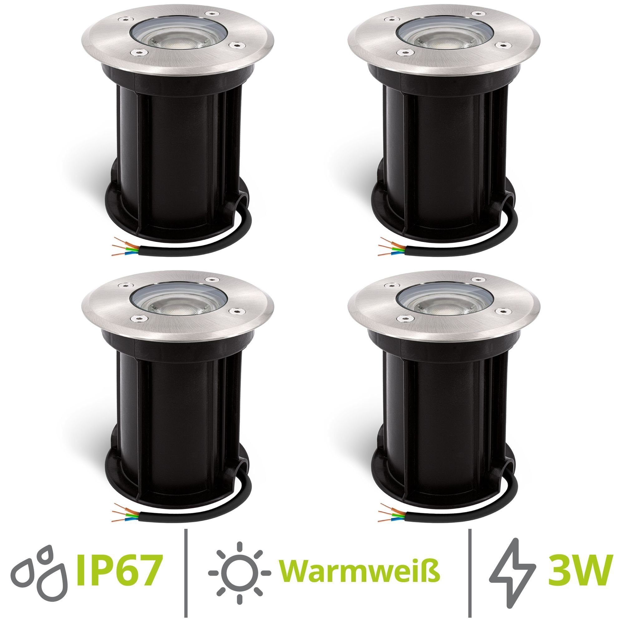 4 Stück BORU LED Bodeneinbauspots schwarz IP67 mit GU10 LED Strahler 2W  warmweiß