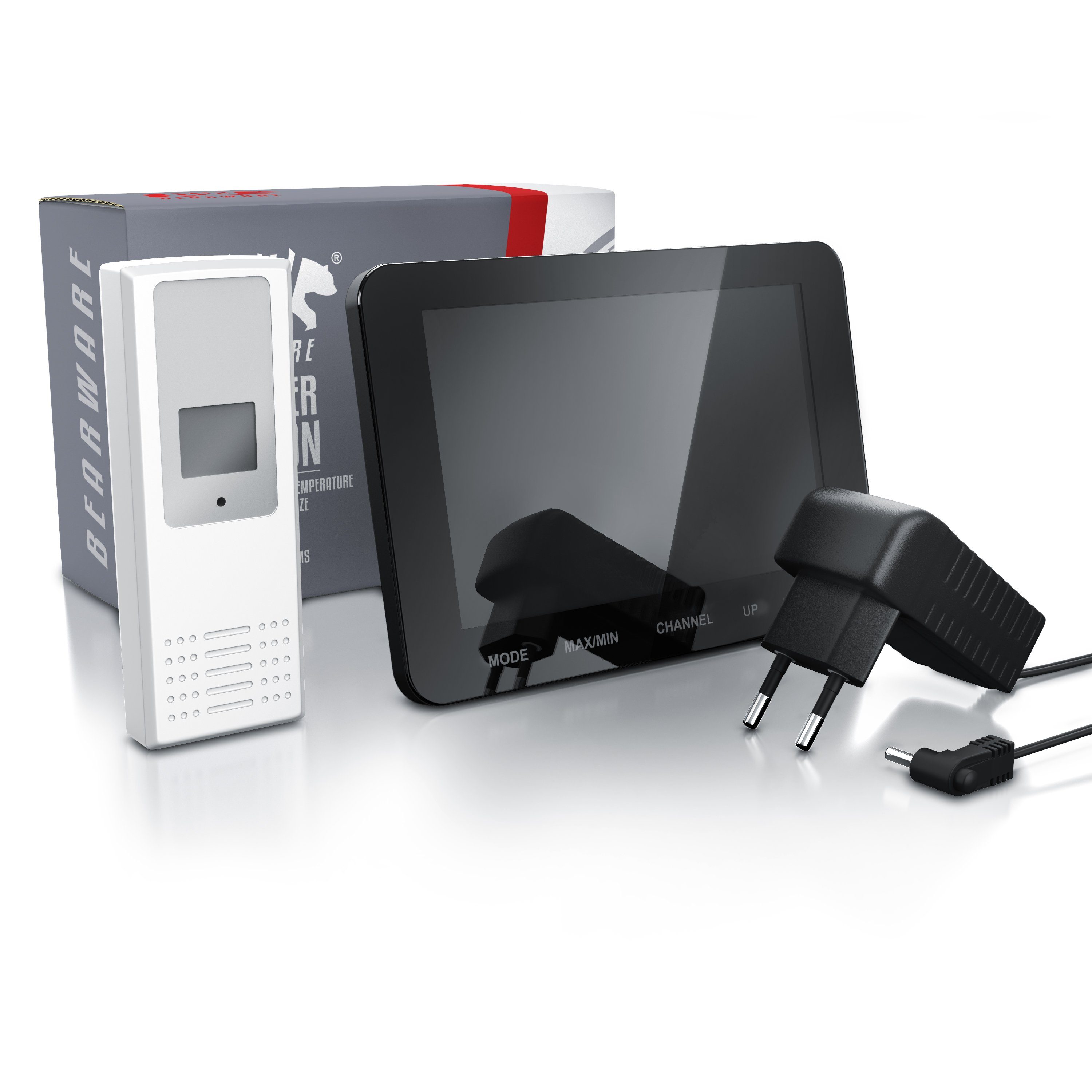 BEARWARE mit Farbdisplay und Außensensor, Funkwetterstation, Wettervorhersage Wetterstation (Außensensor; Netzteil; Bedienungsanleitung, Innen- und Außentemperatur, Barometer, Frostalarm, 2 Weckalarme)