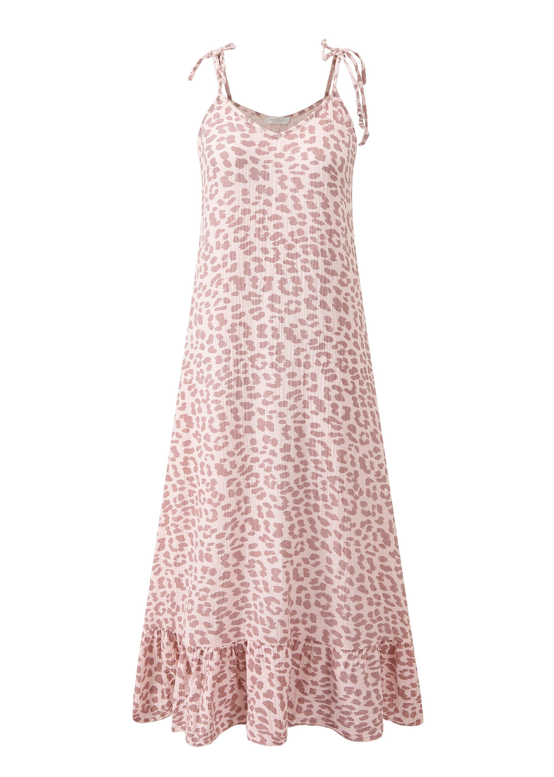 SASSYCLASSY Minikleid Musselin Maxikleid mit Leo-Print für Damen Sommerliches Kleid aus Baumwolle mit verstellbaren Trägern