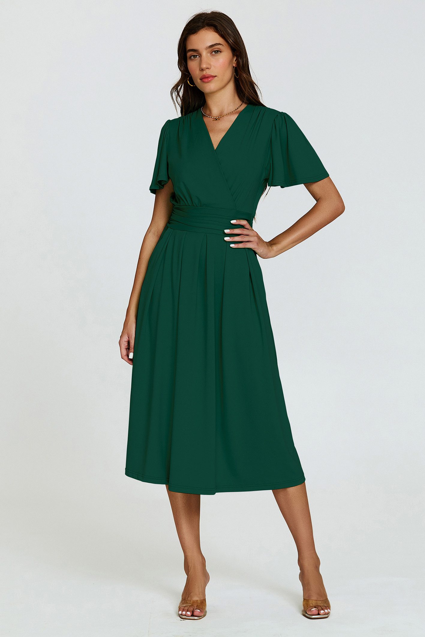 FS Collection Midikleid Damen Midikleid Sommerkleid Freizeitkleid Businesskleid Wickeloptik (Größen: XS (EU:36 / UK:8) · S (EU:38 / UK:10) · M (EU:40 / UK:12) · L (EU:42 / UK:14) · XL (EU:44 / UK:16), 3 Farben : Marineblau, Dunkelgrün und Hellgrün) Wickeloptik, elastische Taille, Seitentaschen, fließender Jersey-Stoff