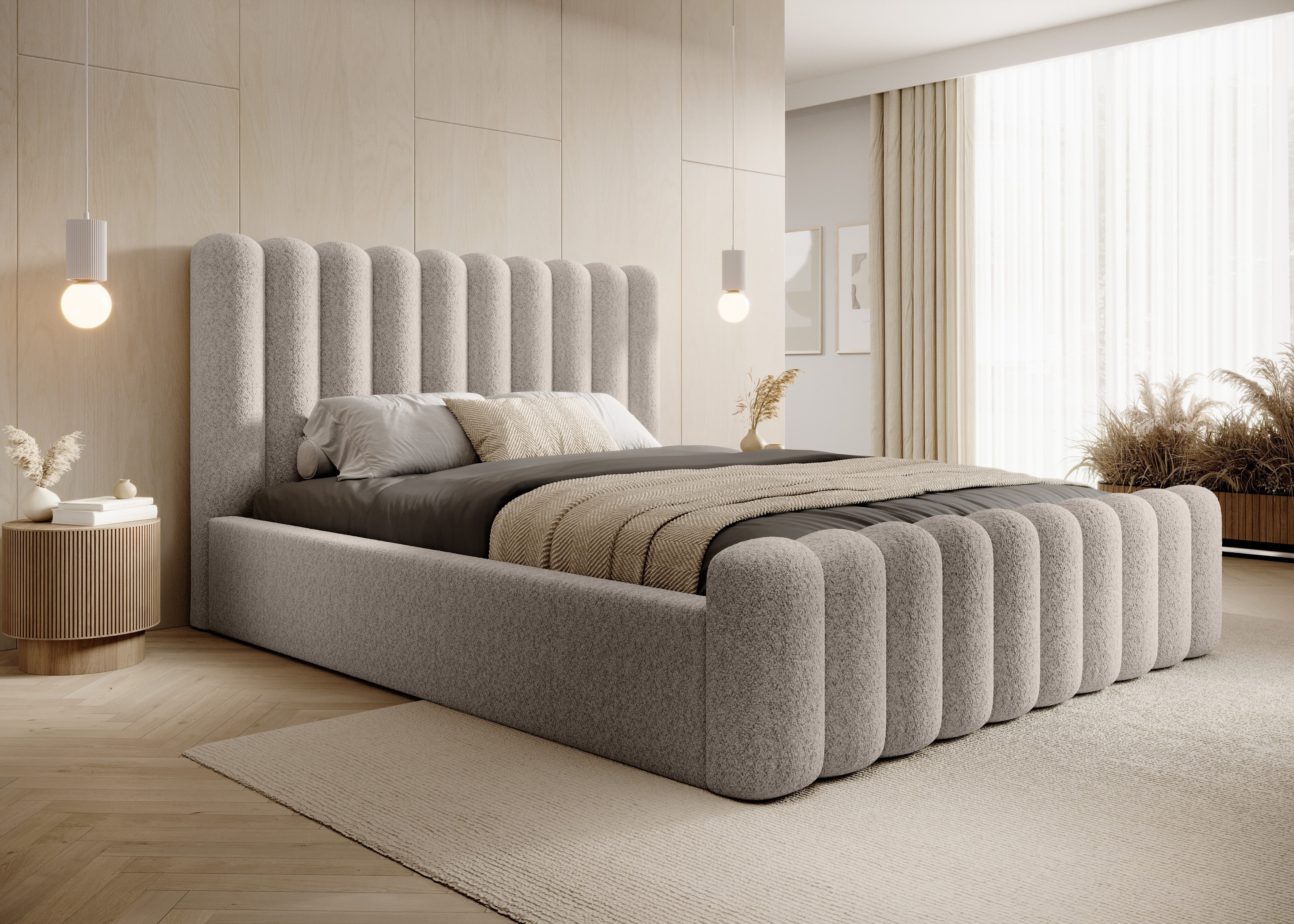 Goldstoff Polsterbett JENNY - Hydraulisches Stauraumbett - Designerbett - Wolkenbett (Doppelbett mit Bettkasten und Lattenrost, Bett verfügbar in 4 Größen: 140x200 160x200 180x200 200x200cm), mit gepolstertem Kopfteil