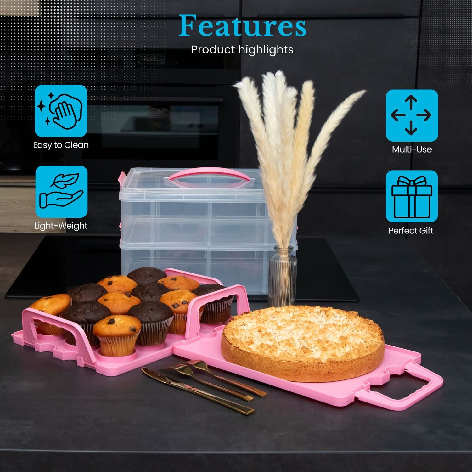 Intirilife Kuchentransportbox, Kunststoff, (1-tlg), Transportbox für Kuchen Cupcakes Transportbehälter für Muffins – Bild 2 von 5