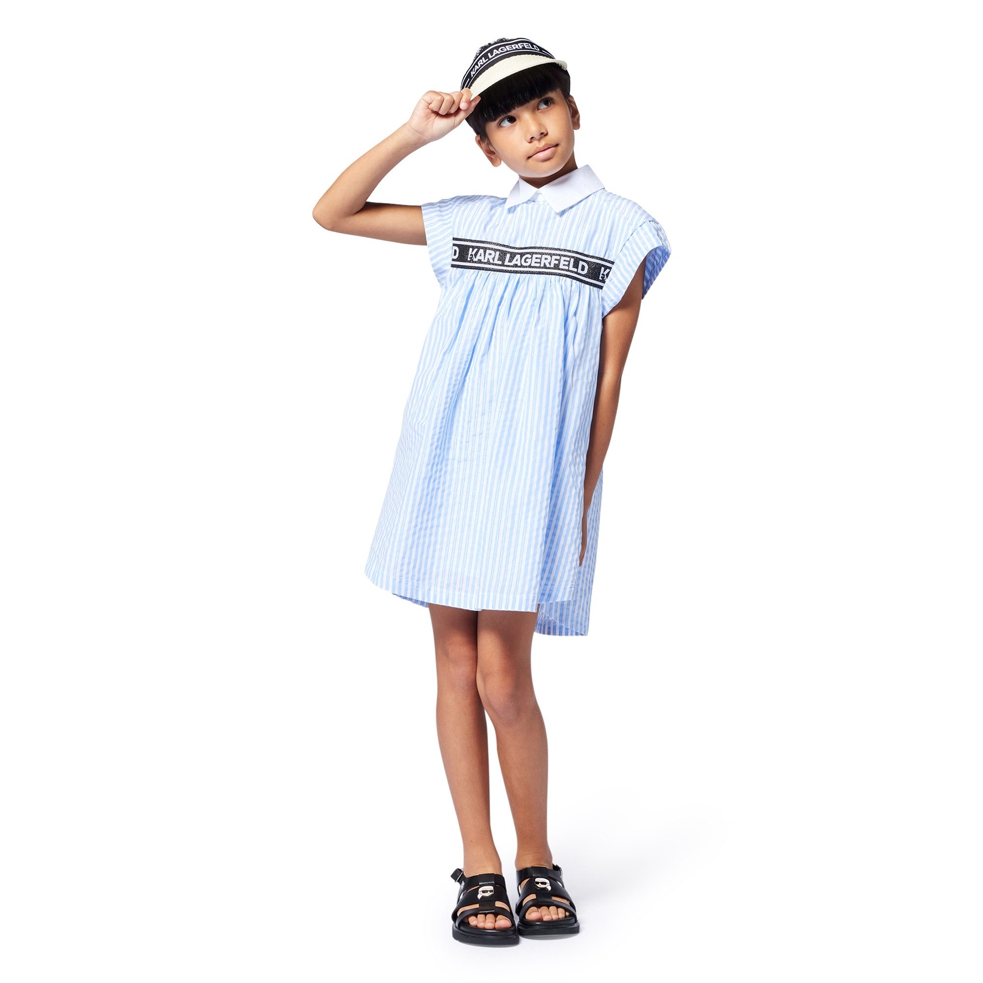 KARL LAGERFELD Hemdblusenkleid KARL LAGERFELD KIDS weiß-blau gestreiftes Hemdblusenkleid mit Logobund Hemdkragen, Logobund