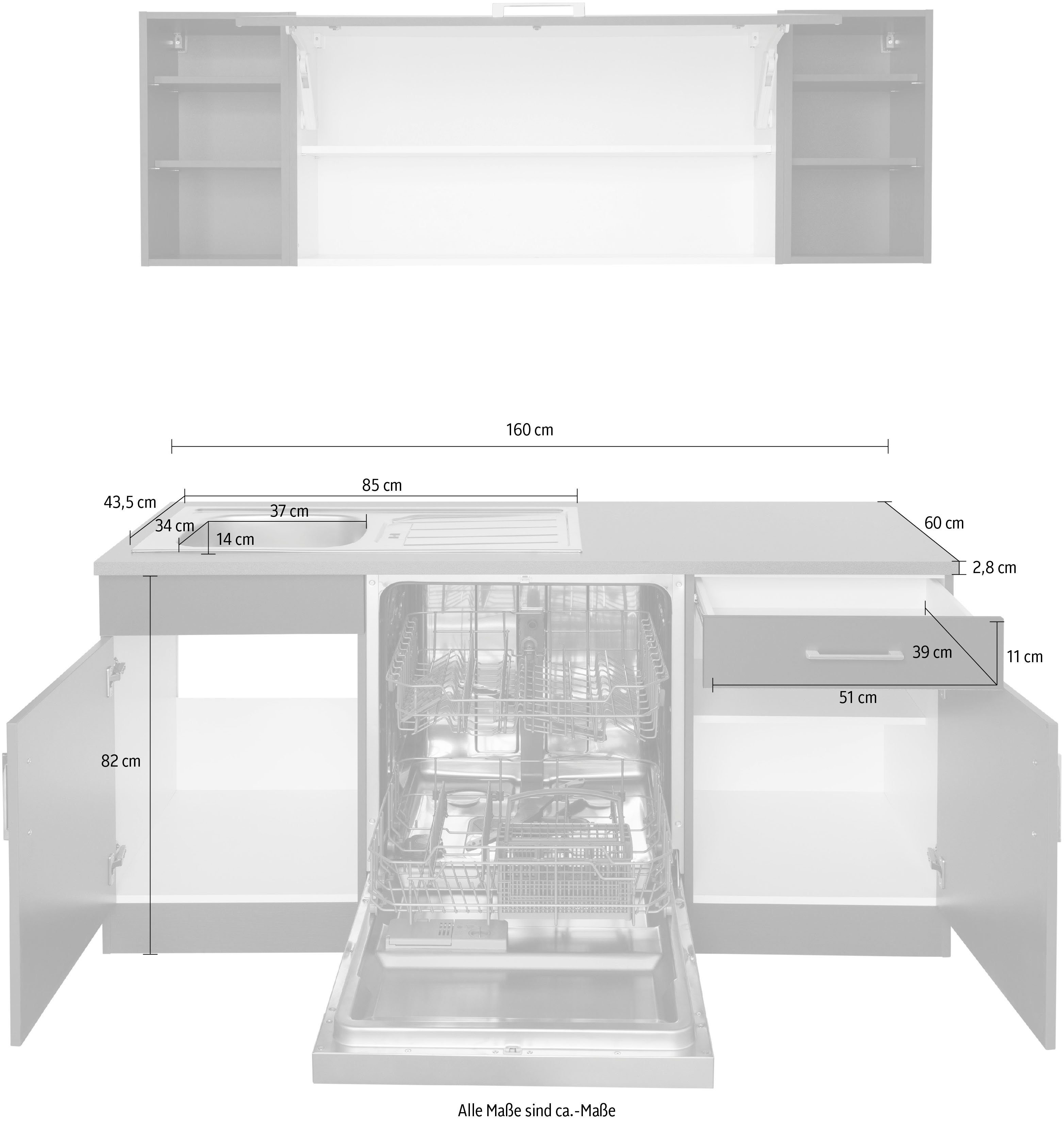 220/220 cm Winkelküche grafit E-Geräten, weiß/grafit Paris, Stellbreite mit MÖBEL | HELD
