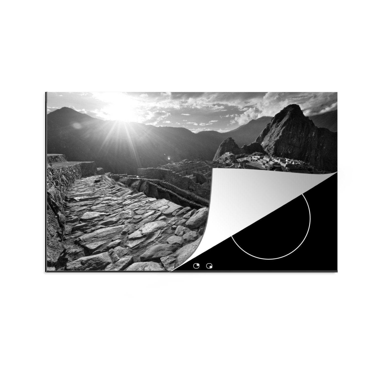 MuchoWow Herdblende-/Abdeckplatte Peru - Schwarz - Weiß - Sonne, Vinyl, (1 tlg), 81x52 cm, Induktionskochfeld Schutz für die küche, Ceranfeldabdeckung