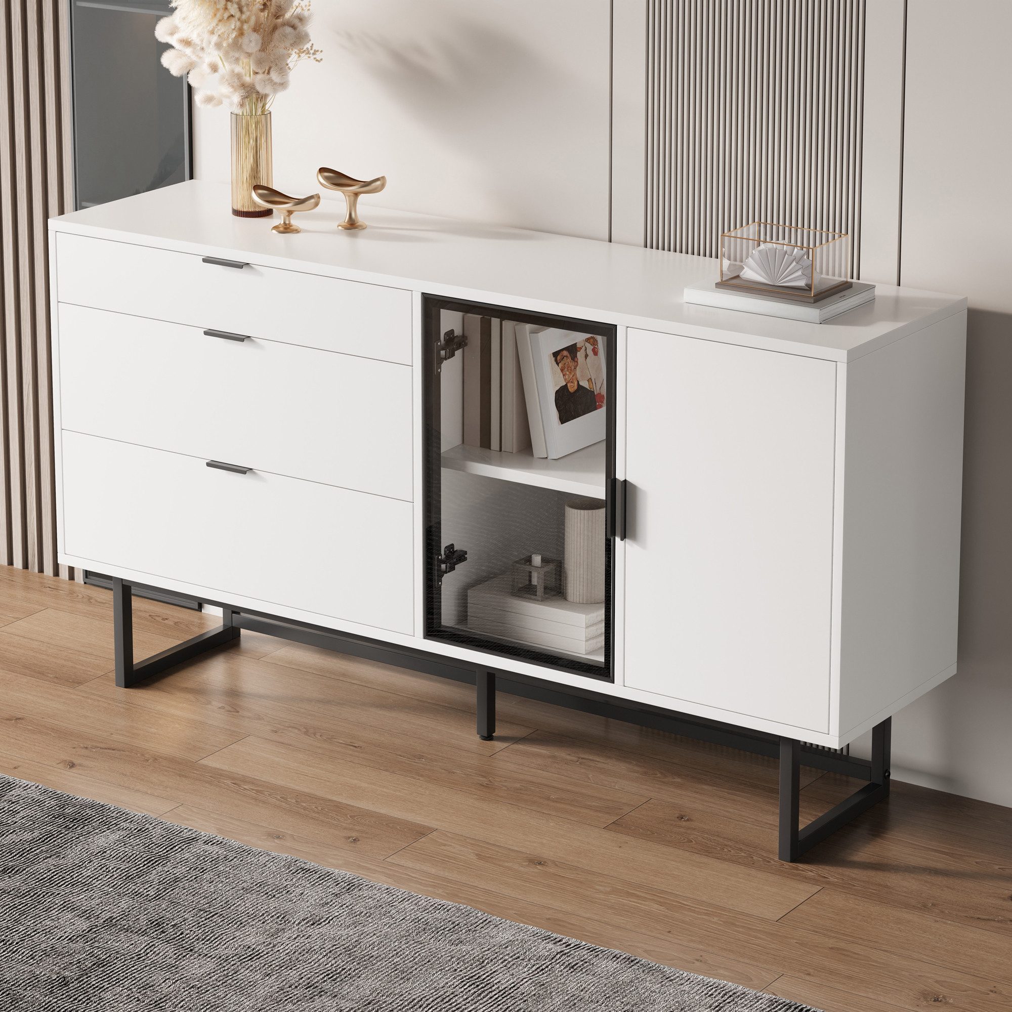 Fine Life Pro Sideboard Weißes Sideboard, Vitrine, Aufbewahrungsschrank, Mit LED-Lichtleiste