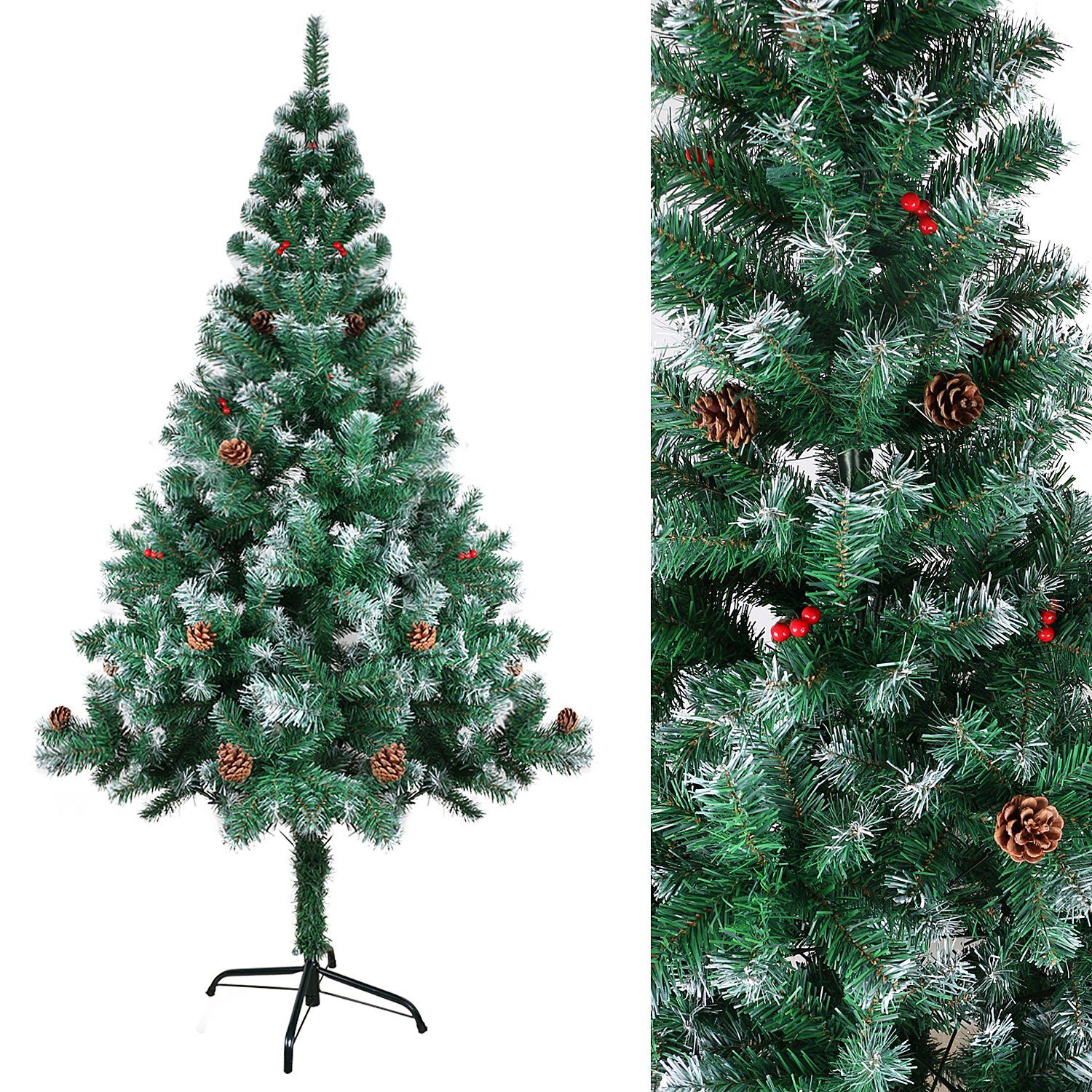 SunJas Künstlicher Weihnachtsbaum XM011-13 mit Zapfen, roten Beeren und Schneeflocken-Dekoration, Künstlich Tannenbaum, 120-180cm Christbaum,mit ca. 250 400 600 Zweigspitzen