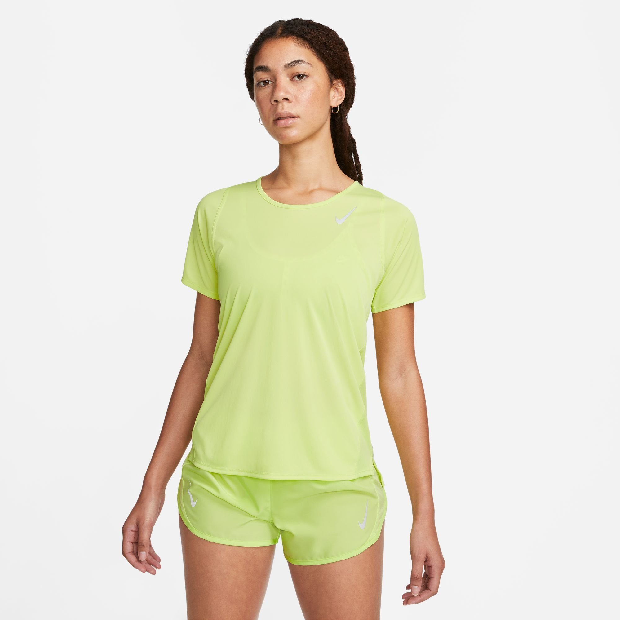 WOMEN'S SILV Laufshirt LEMON RACE SHORT-SLEEVE LT Nike RUNNING TWIST/REFLECTIVE DRI-FIT TOP